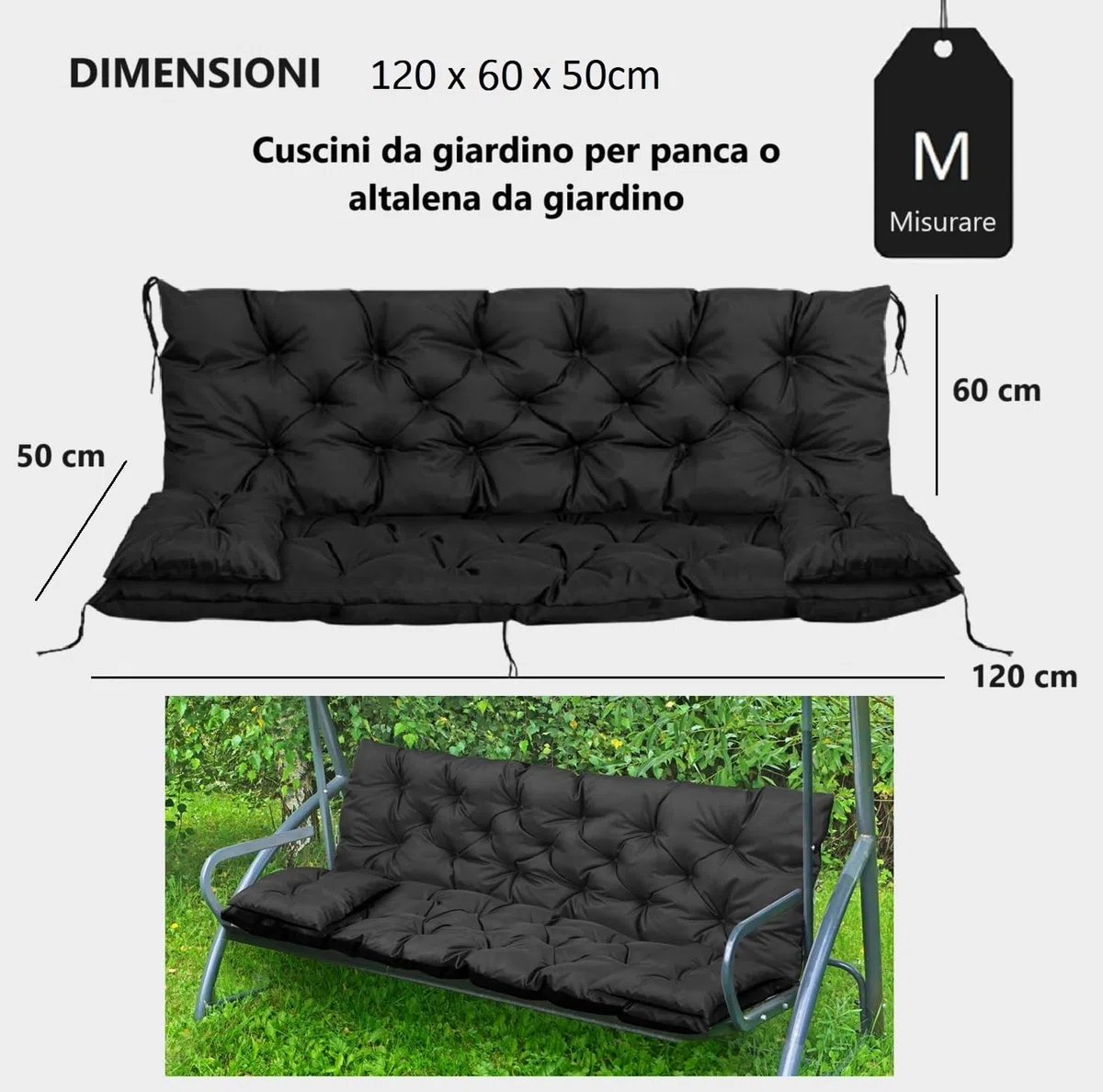 Cuscino 120x60x50 cm trapuntato impermeabile per panca o altalena + 2 piccoli cuscini