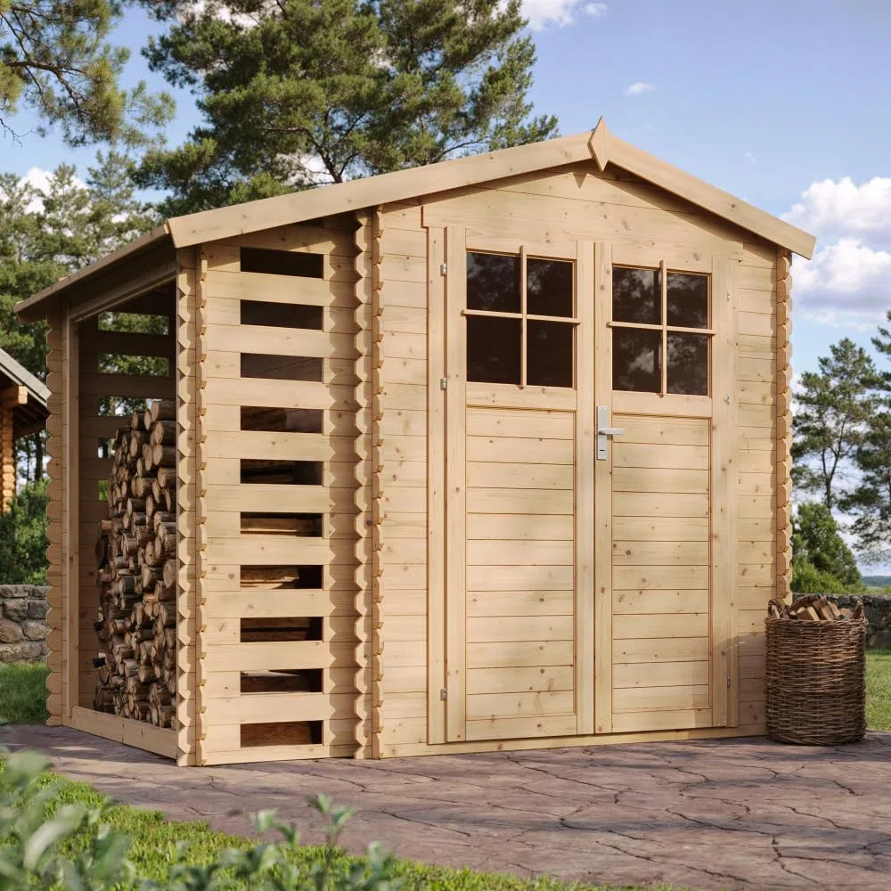 Casetta Giardino - Casetta da Giardino in Legno con Legnaia da Esterno con serratura di alta qualità L206xL272xA218 cm/ 3,53 m2 + 0,97 m2 - Piccola Casetta in Legno, Rimessa Attrezzi TIMBELA M386F
