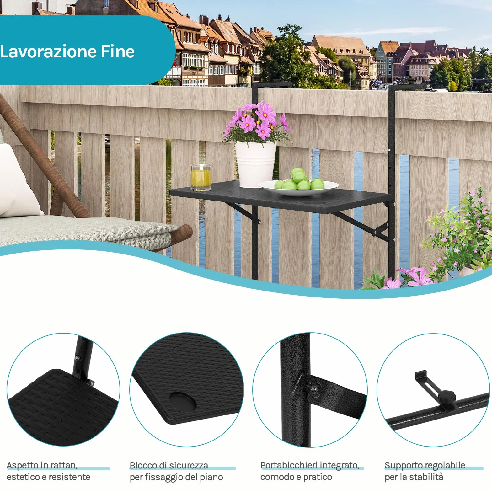 WOLTU Tavolino Pieghevole da Balcone Regolabile in 3 Altezze, Tavolo Sospeso per Ringhiera, Rattan, Nero