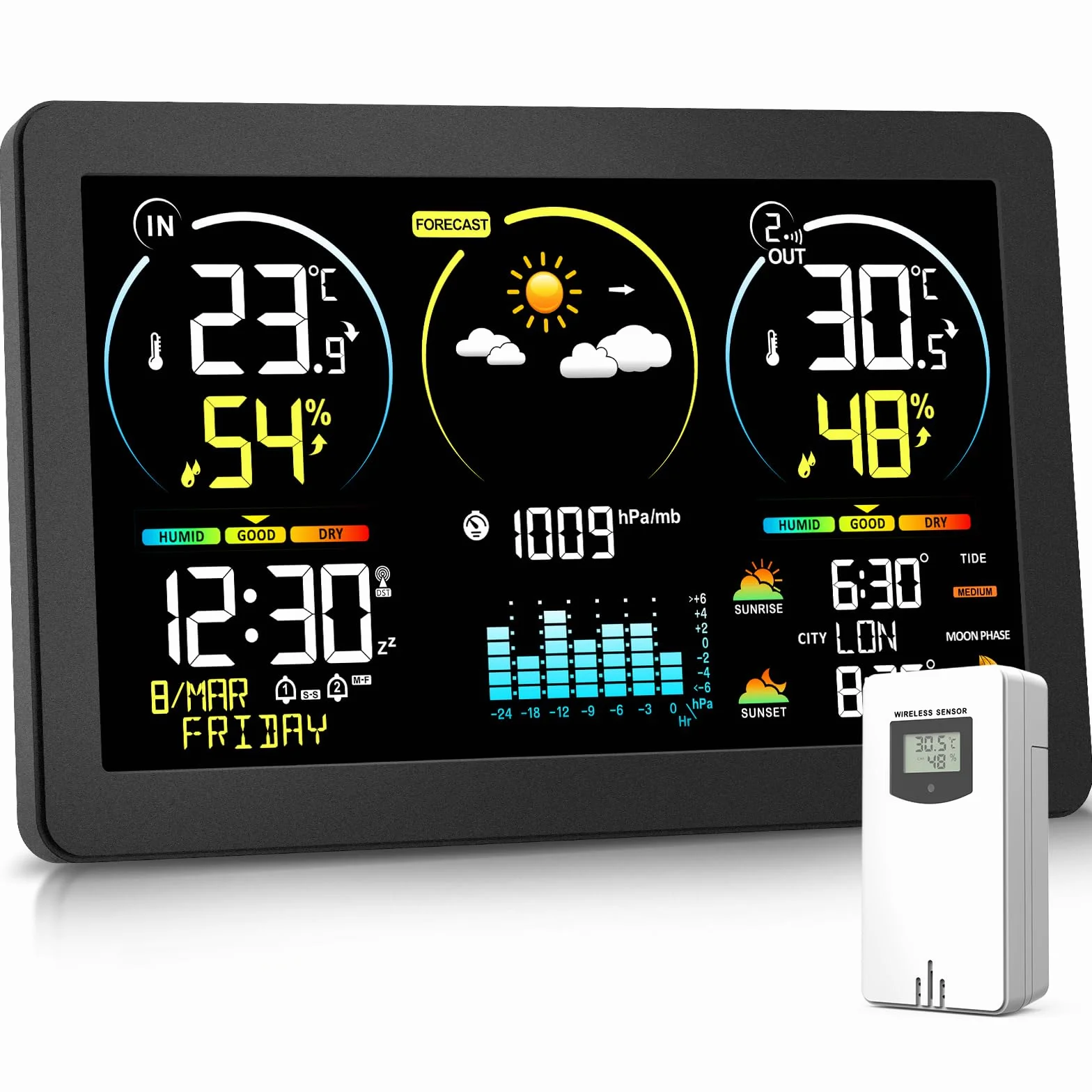 Stazione Meteo con Sensore Esterno, Termometro Digitale Senza Fili con Display a Colori, Monitor di Temperatura e Umidità, Previsioni del Tempo con Retroilluminazione Regolabile e Calendario, Nero