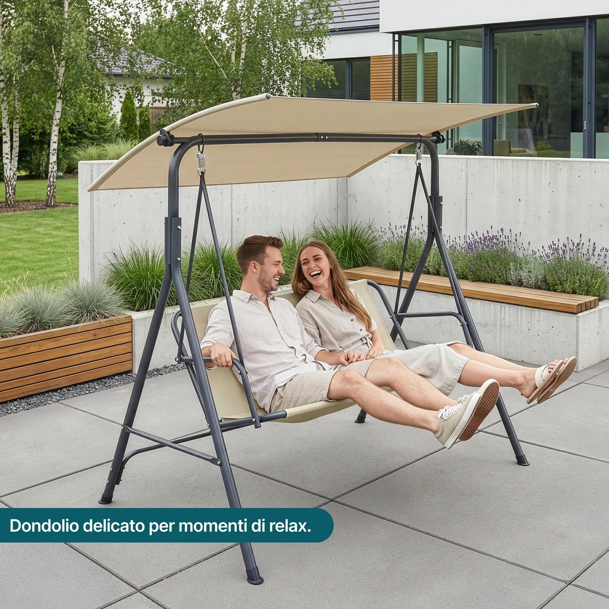 [en.casa] Dondolo da Giardino a 3 Posti con Tettuccio Parasole Regolabile e Schienale Panchina a Dondolo Altalena da Esterno Terrazza Struttura in Acciaio 173x119x153 cm - Grigio/Beige