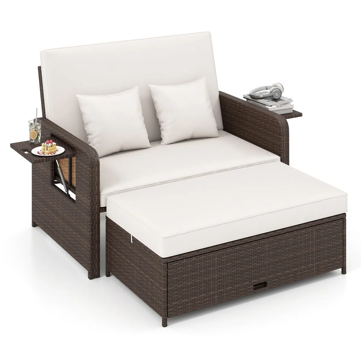 GIANTEX Divano da Giardino in Rattan con Poggiapiedi, Doppio Divano da Esterno con Schienale Regolabile, Mobili da Giardino per Terrazza, Balcone, Cortile (Misto Marrone+Bianco)