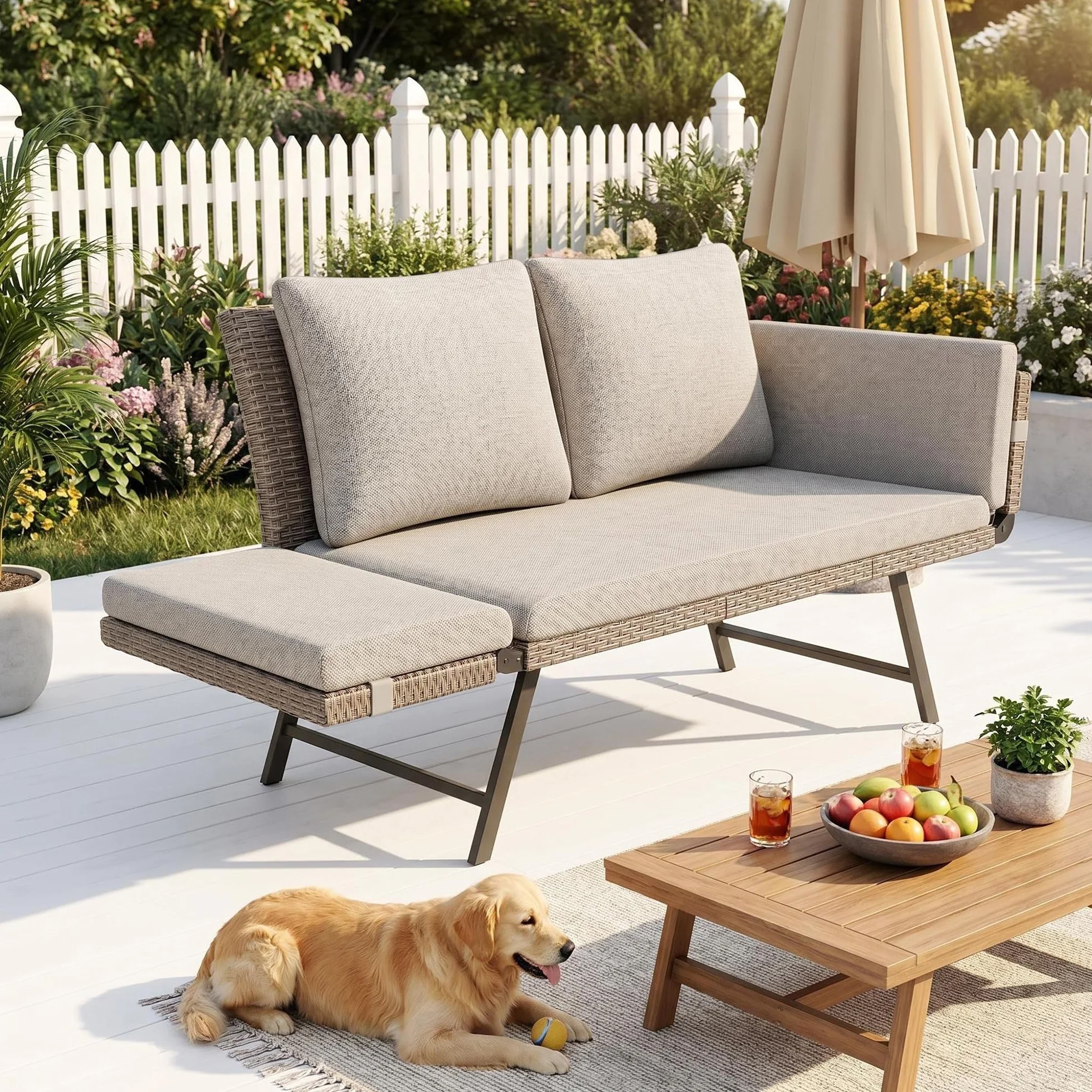 Fiutazge Divano Esterno in Polyrattan con Braccioli Regolabili,Divano Letto Convertibile 2 Posti con Cuscini Morbidi,Panchina da Esterno per Giardino, Balcone, Terrazzo e Portico-Beige