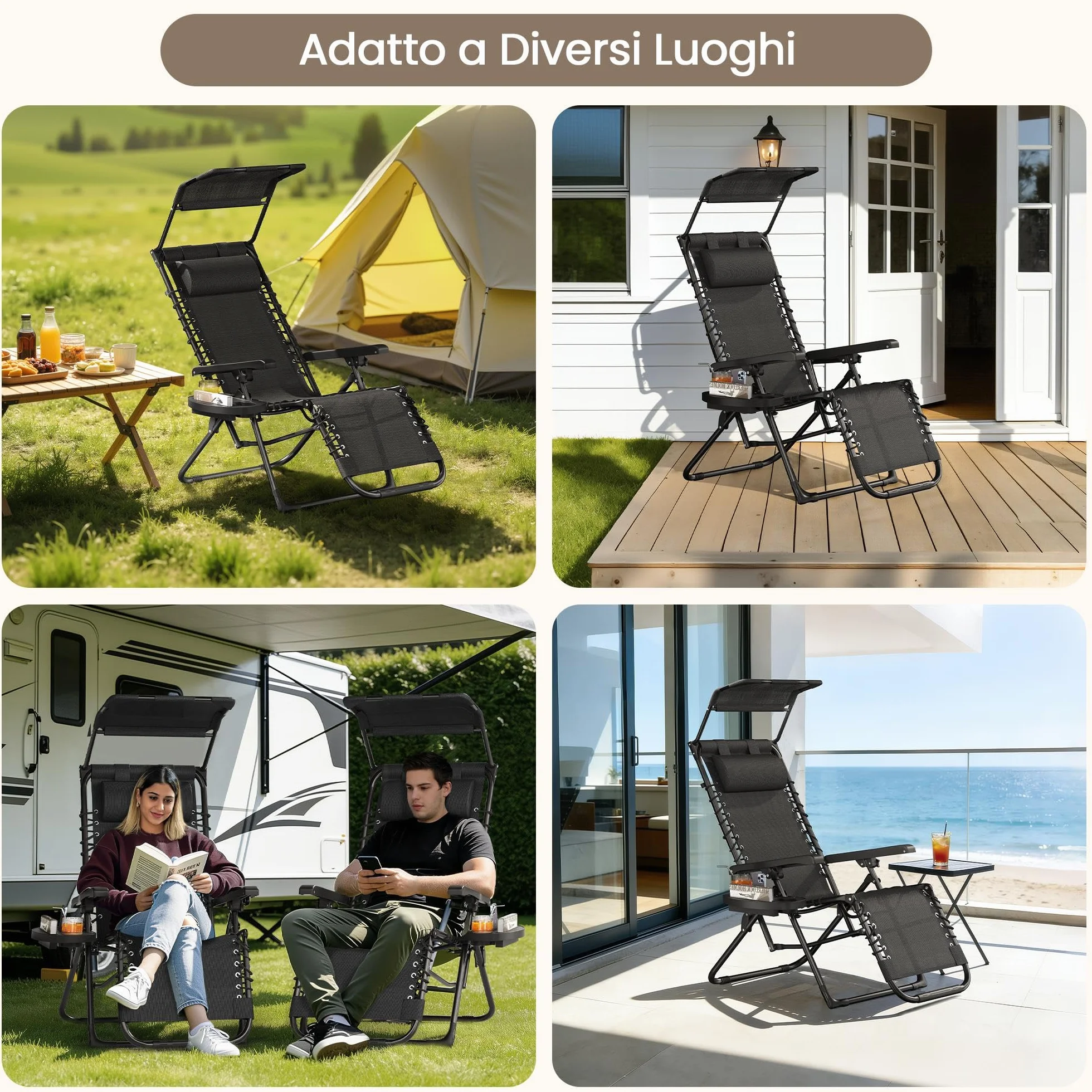 Sdraio da Giardino, Sdraio Lettino Prendisole Richiudibile, con Parasole, Cuscino Poggiatesta Removibile, Portabicchieri, Sdraio da Giardino con Schienale Regolabile, Lettino da Sole