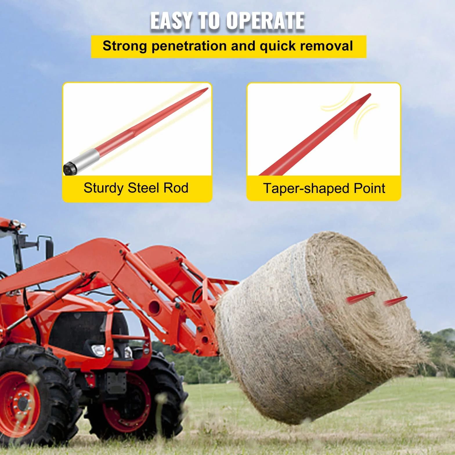 VEVOR Coppia lancia per fieno 43" lancia per balle, capacità 3000 libbre, punta per balle ad attacco rapido lancia quadrata per balle di fieno 1 3/4", forche per balle rivestite di rosso