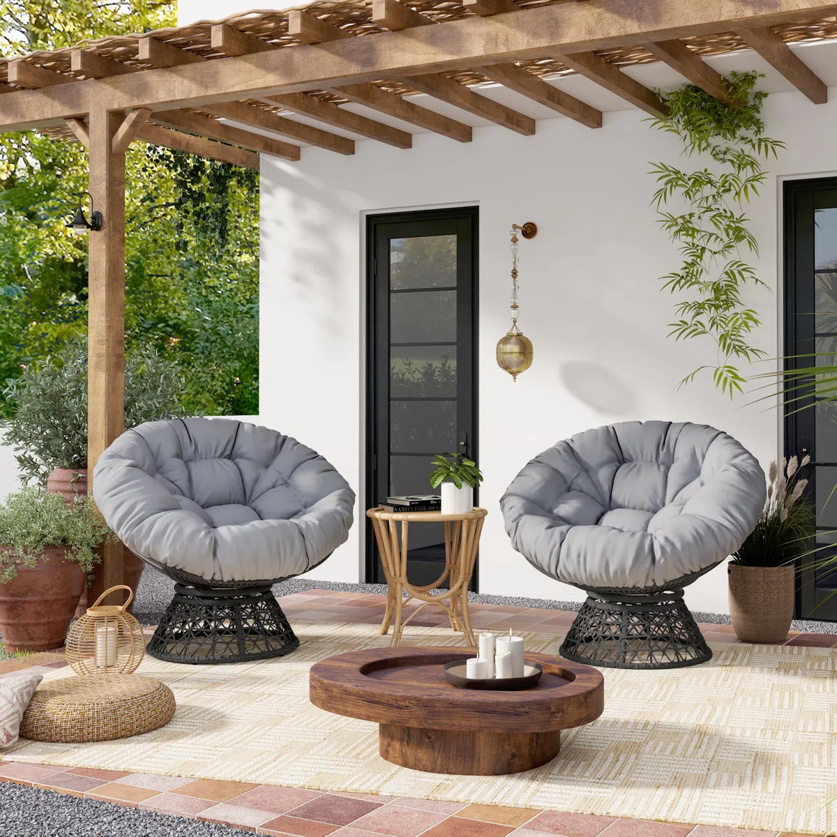 Yaheetech Poltrona da Giardino Girevole 360° Rattan Sedia a Dondolo Rotonda Papasan Cuscino Diametro 120 cm Nero Grigio