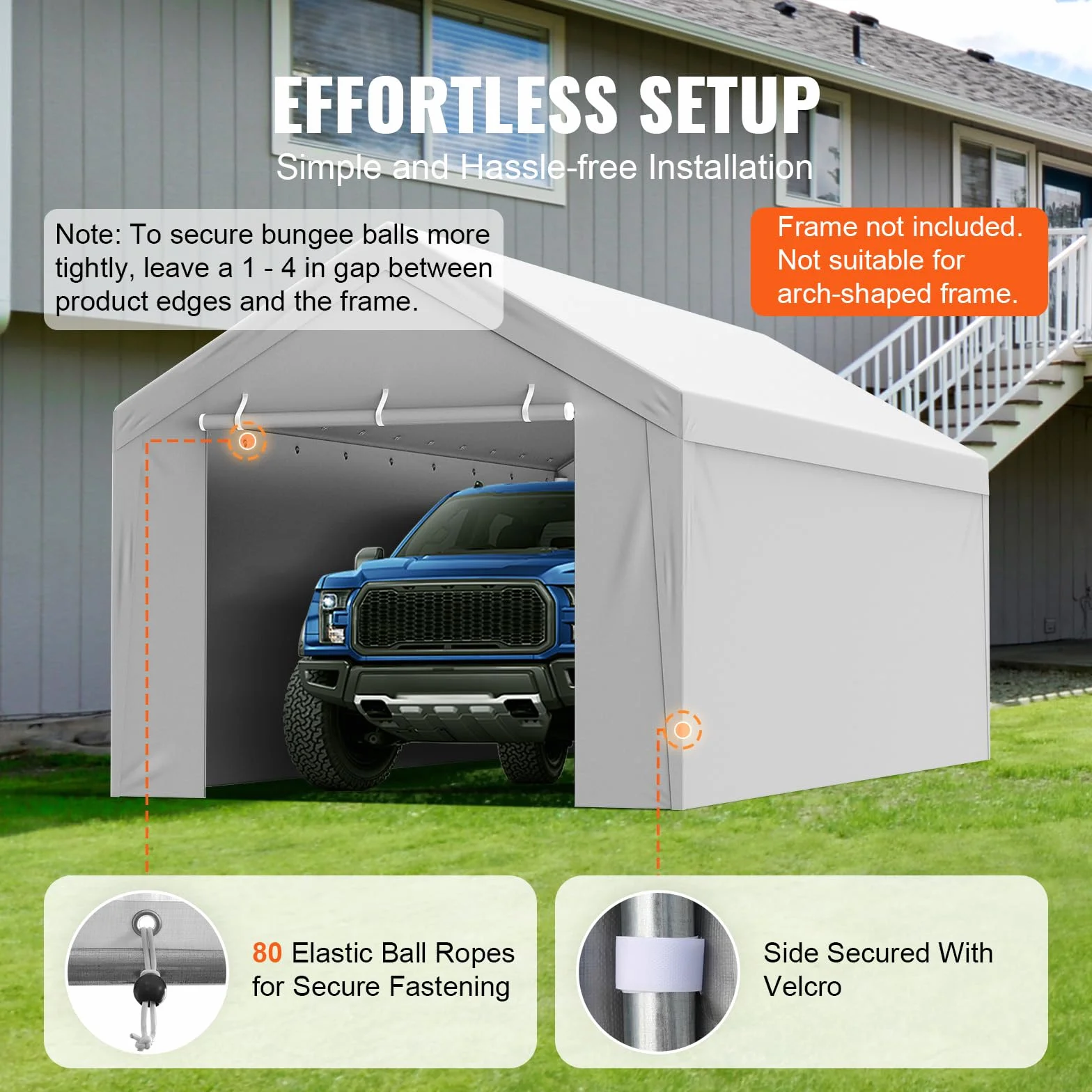 VEVOR Tettoia di ricambio per auto da 3 x 6 m, parte superiore del garage, resistente, impermeabile e resistente ai raggi UV, facile installazione con tenditori a sfera, bianco (solo copertura