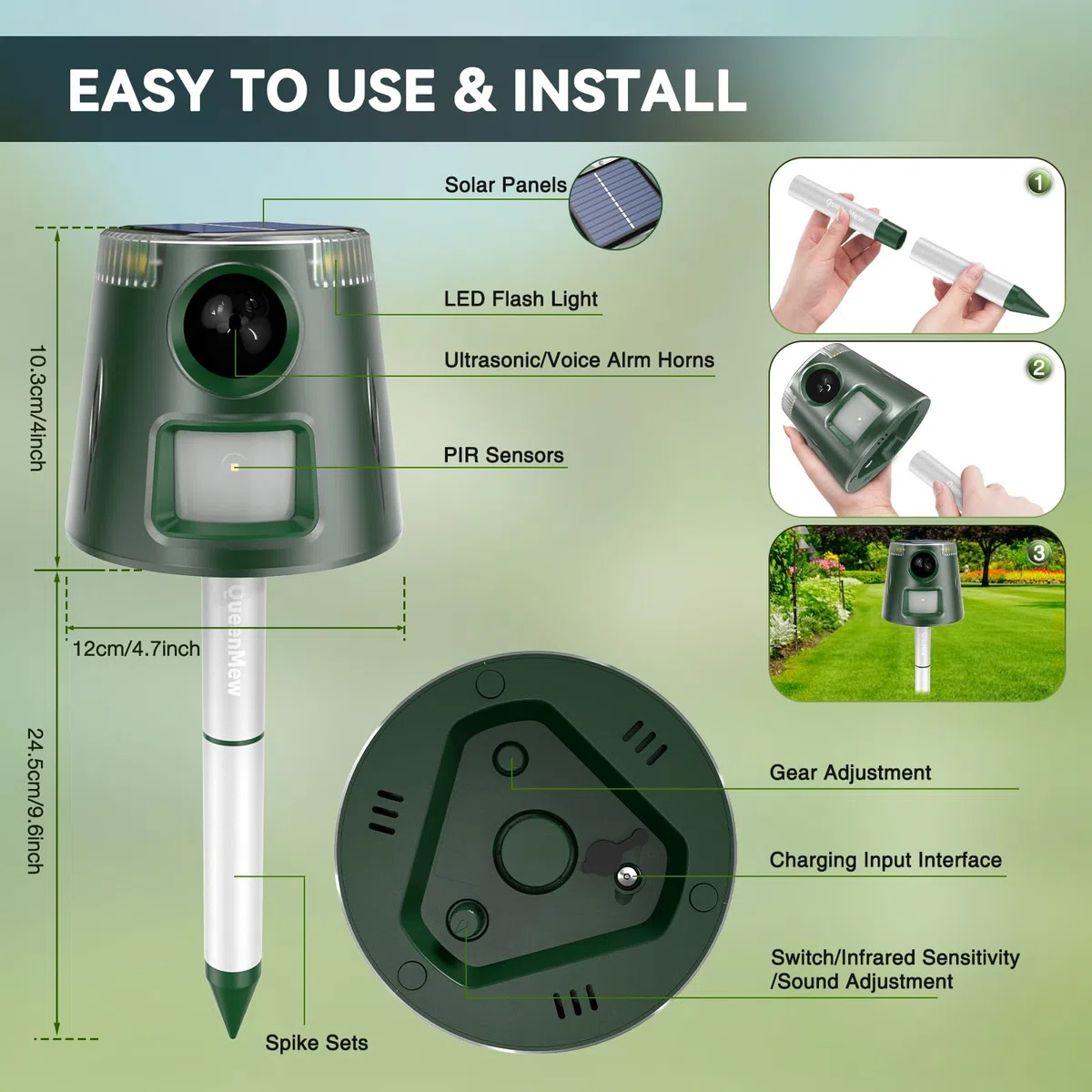 Repellente per Gatti Ultrasuoni Solare, Dissuasore per Gatti da Giardino Impermeabile, 5 Modalità Regolabili, Caricamento Solare, 360° Efficace per Gatti, Cani, Uccelli, Topi