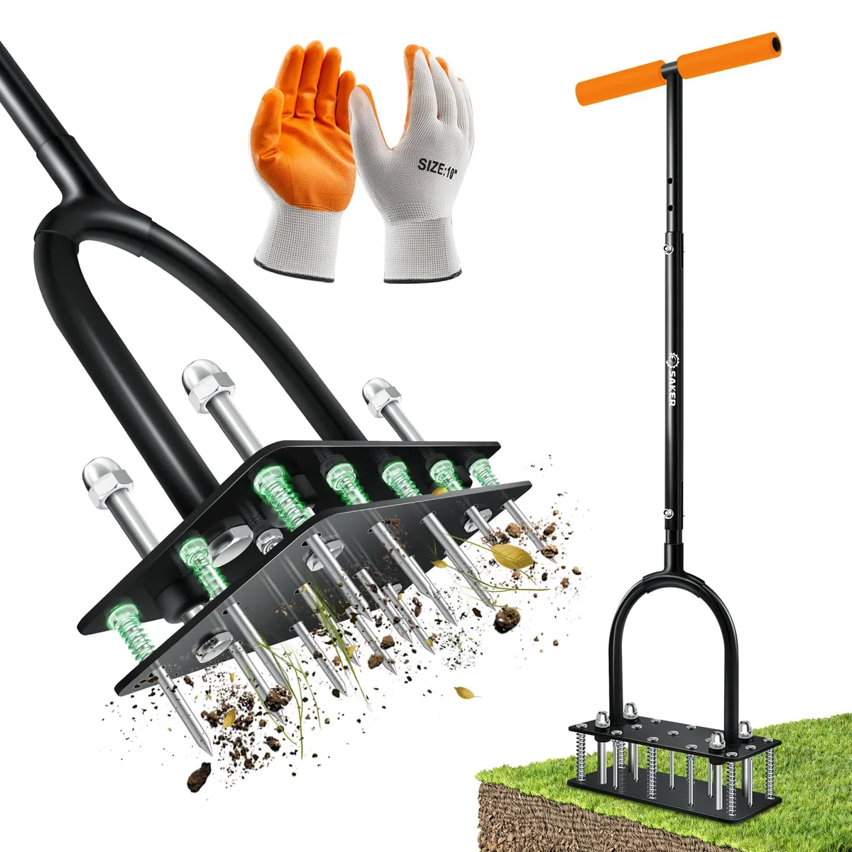Saker Aeratore per prato con 15 punte in ferro, design a molla, aeratore manuale in metallo per terreno