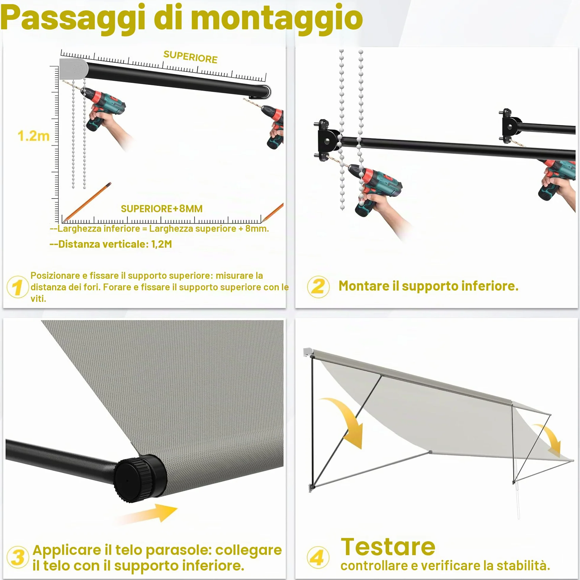 Tenda da sole a braccio snodato retrattile in alluminio 200x145 cm grigio per balcone terrazza finestra