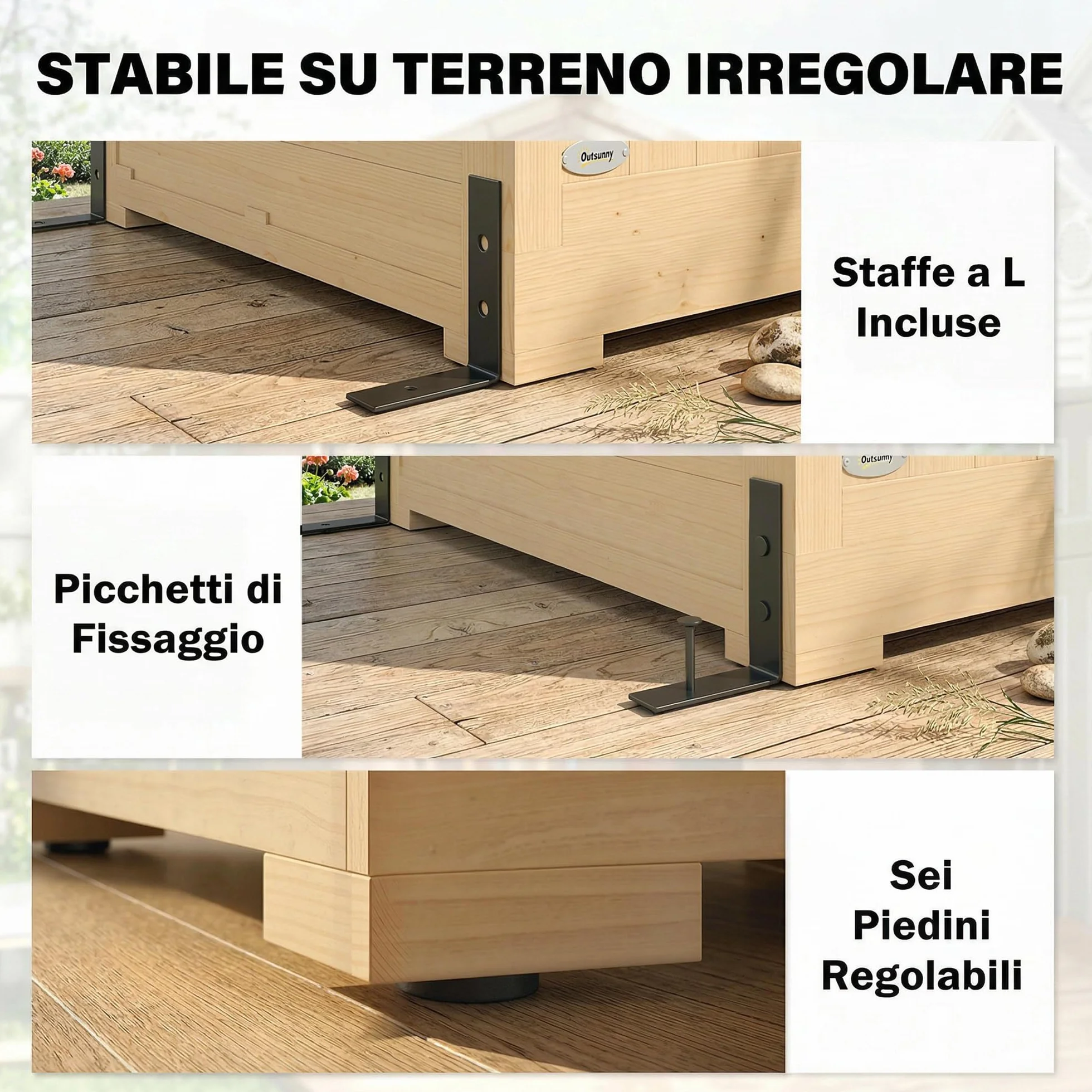 Outsunny Armadio da Giardino in Legno Abete Walk-in, Casetta Porta Attrezzi da Esterno con Tetto Inclinato Asfalto, 4 Finestre, 6 Ripiani, Prese d'Aria, Kit Antiribaltamento, 147x68x198cm, Color Legno