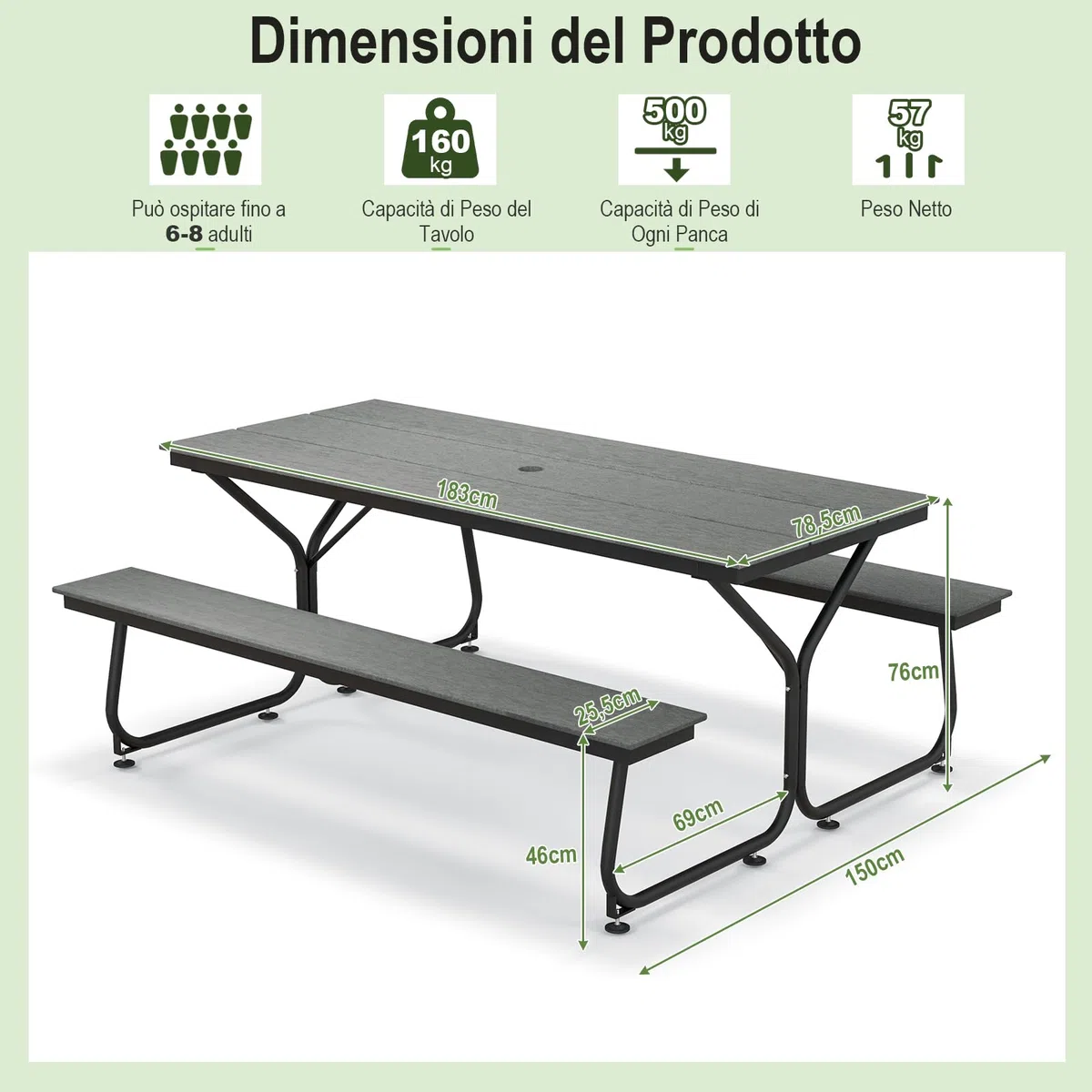 COSTWAY Tavolo da Pranzo 183 CM con 2 Panche per 8 Persone, Set da Picnic in Metallo e HDPE con Foro per Ombrellone, per Giardino Terrazzo (Grigio)