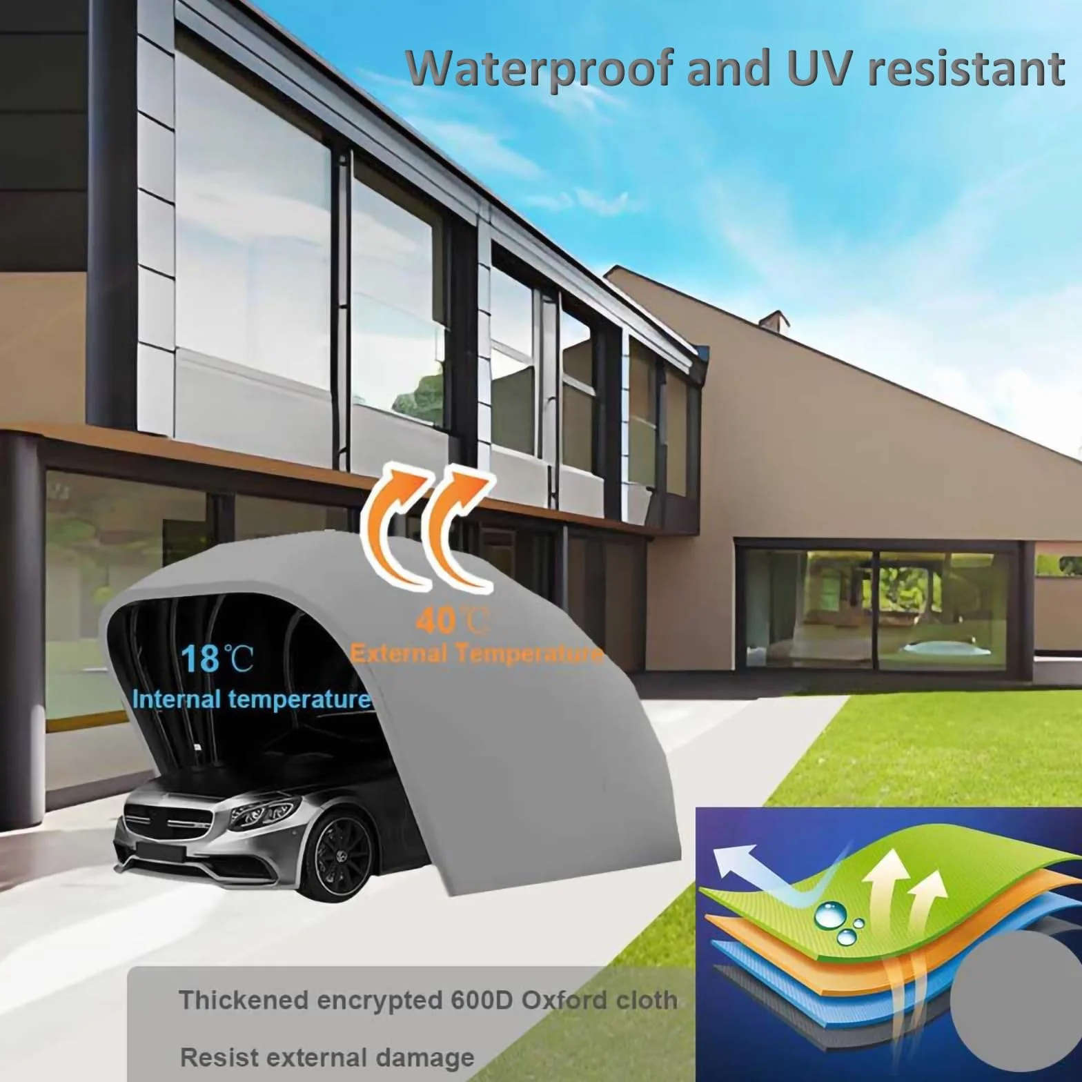 Garage Pieghevole Semiautomatico Inox Spessore Carport Resistente Venti 129km/h Protezione Anti-Grandine Telaio 300kg Grigio 5,9x2,7x2,45m