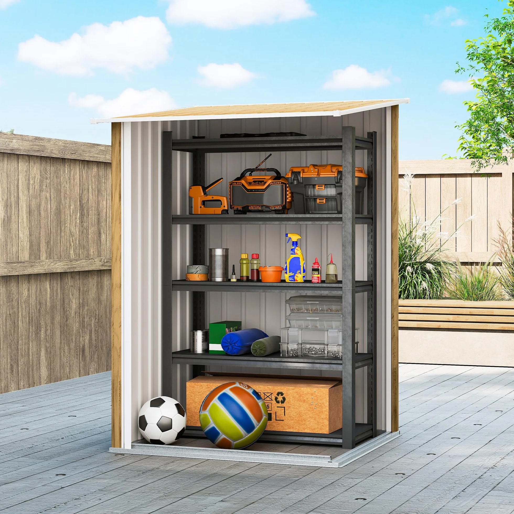 Outsunny Casetta da Giardino 0.92m² Acciaio Zincato 100x104x160 cm Marrone Chiaro Effetto Legno