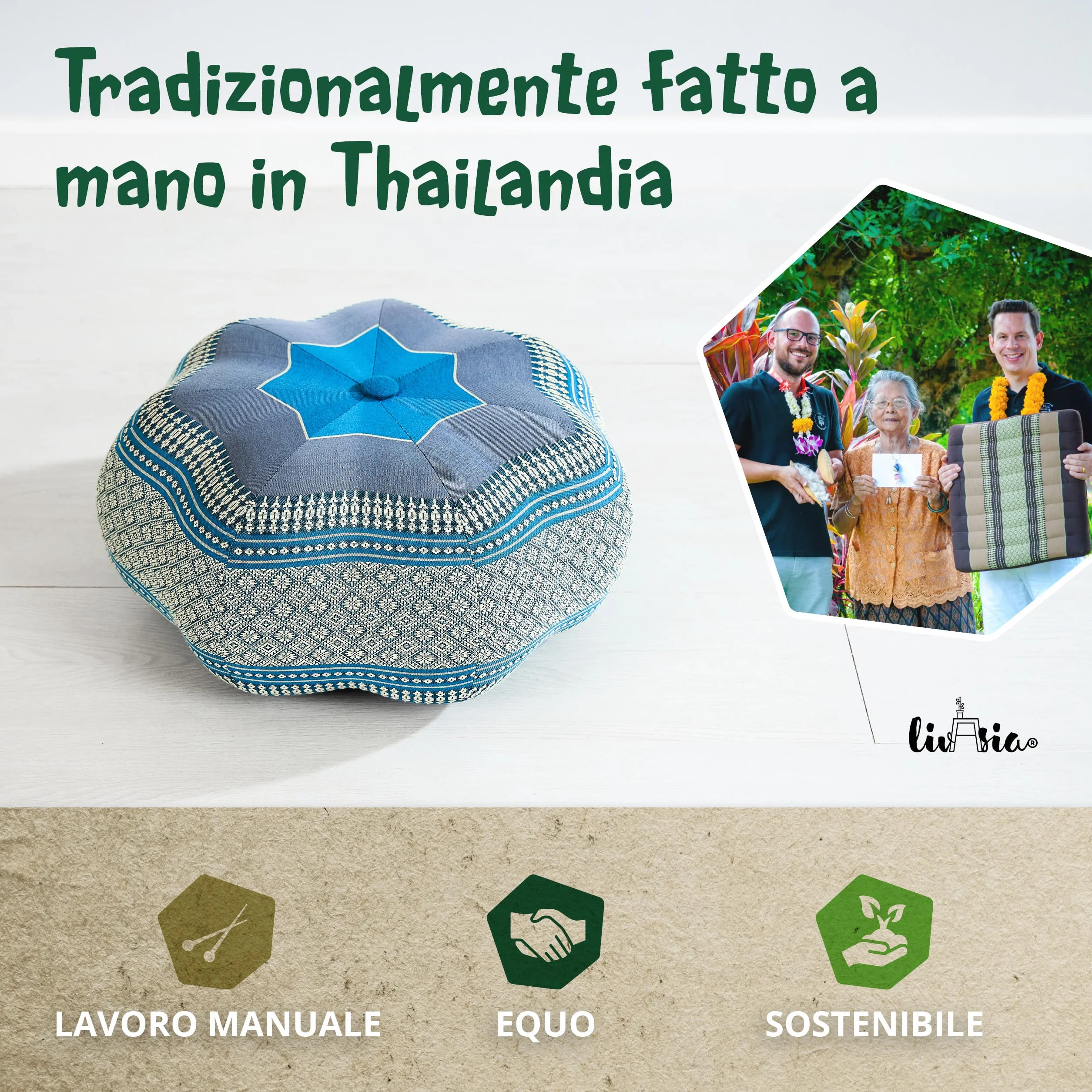 livasia cuscino da meditazione a stella grande - Ø 40x20cm - cuscino per yoga kapok, pouf, cuscino per pavimento zen, cuscino zafu giardino balcone, cuscino per sedersi fatto a mano (Azzurro)