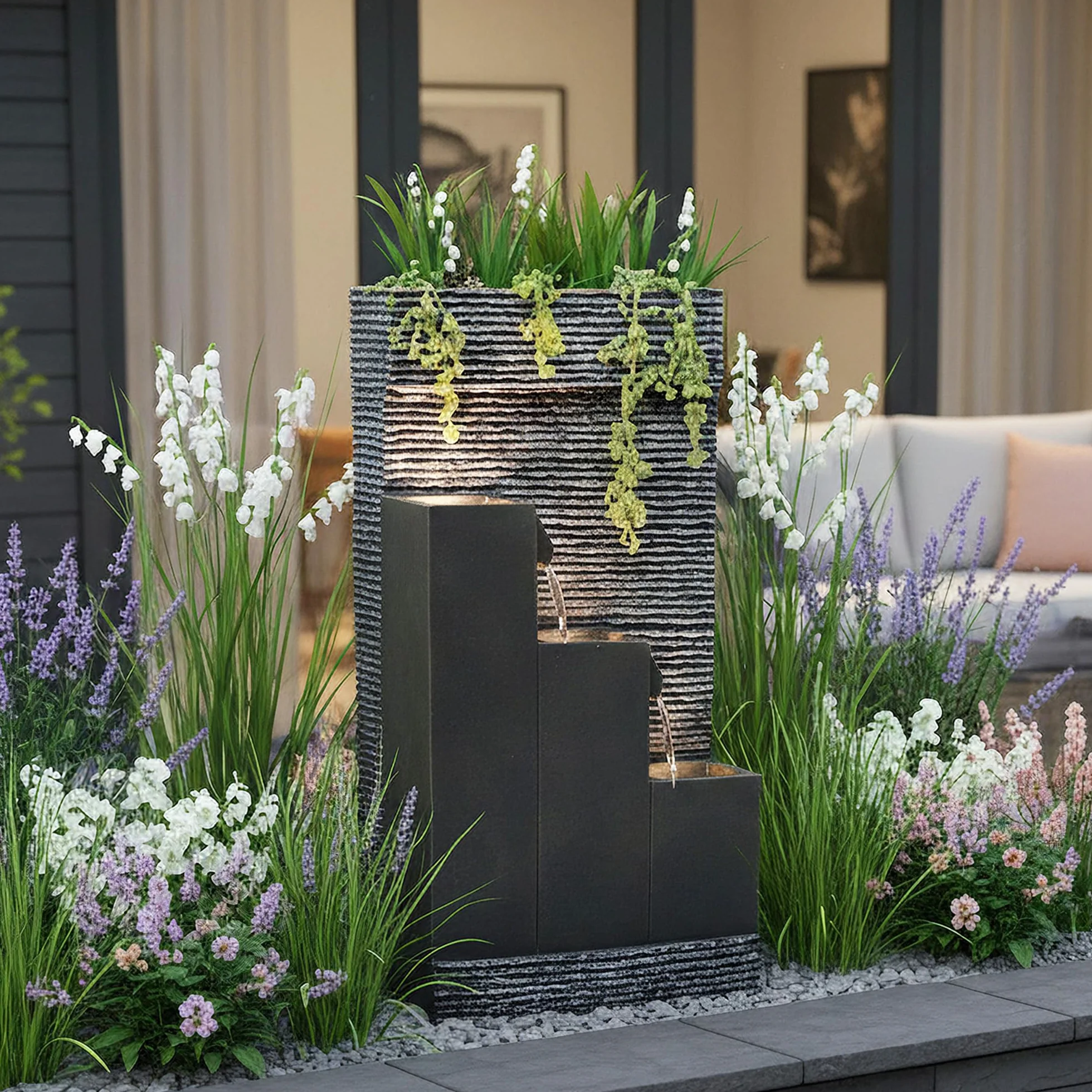 Fontana da giardino BK845 con illuminazione a LED fontana per interni ed esterni. Può essere piantato, decorazione del giardino cascata
