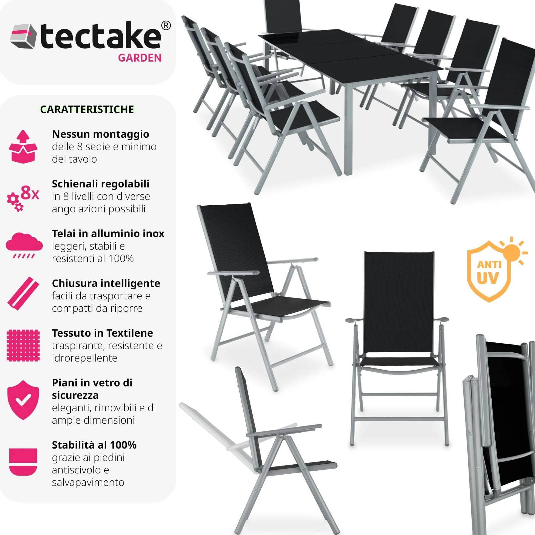 Tectake Set mobili da giardino tavolo massiccio con lastra di vetro di sicurezza telaio alluminio 8 sedie confortevoli grigio chiaro