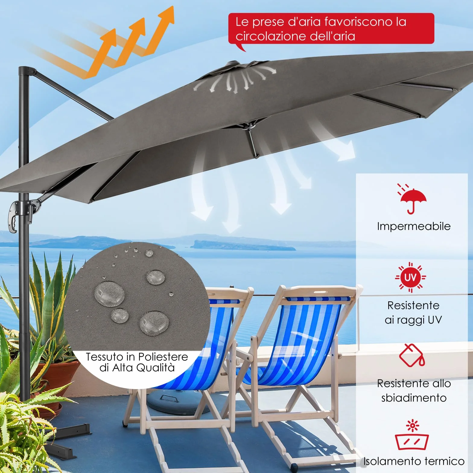 COSTWAY Ombrellone da Giardino 300x300cm 3 Inclinazioni Rotazione 360° Manovella 8 Stecche Base Incrociata Grigio