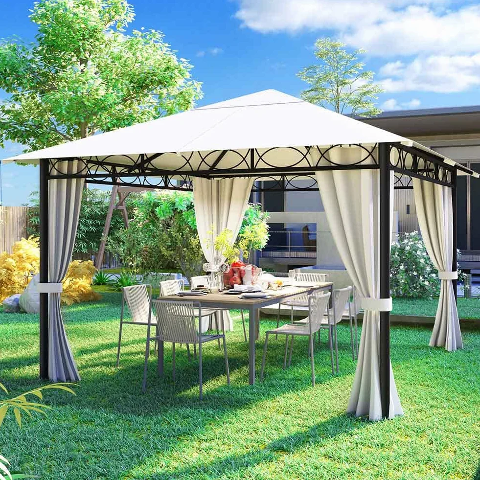 Gazebo da Giardino 3x3 Metri Beige in Metallo Robusto con Tende Chiusura Cerniera Zip Impermeabile Struttura Tubolare Ferro