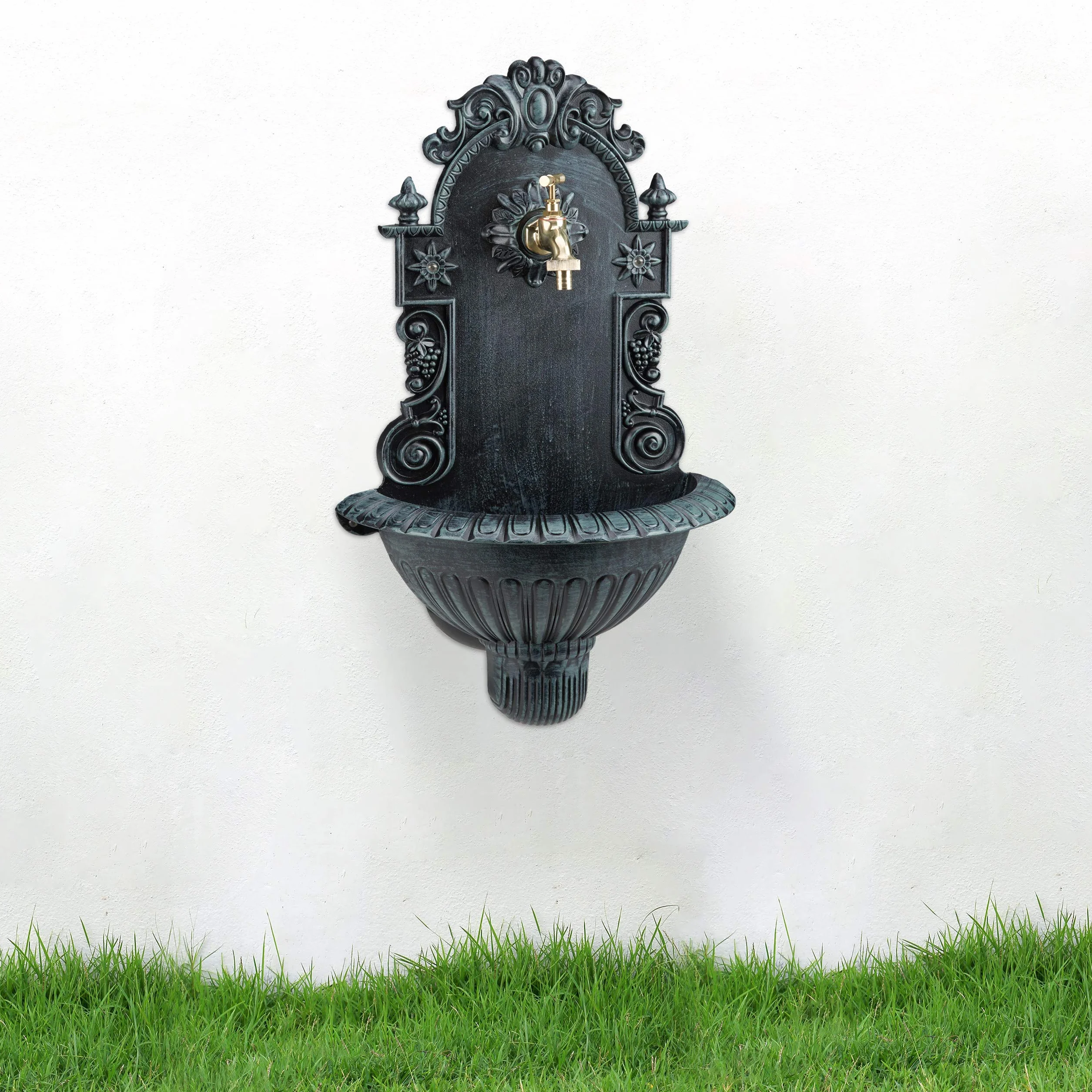Relaxdays Fontana da Parete, Giardino, Terrazza, Sospesa, Stile Antico, Rubinetto, Vaschetta, HLP 62 x 38 x 20 cm, Verde