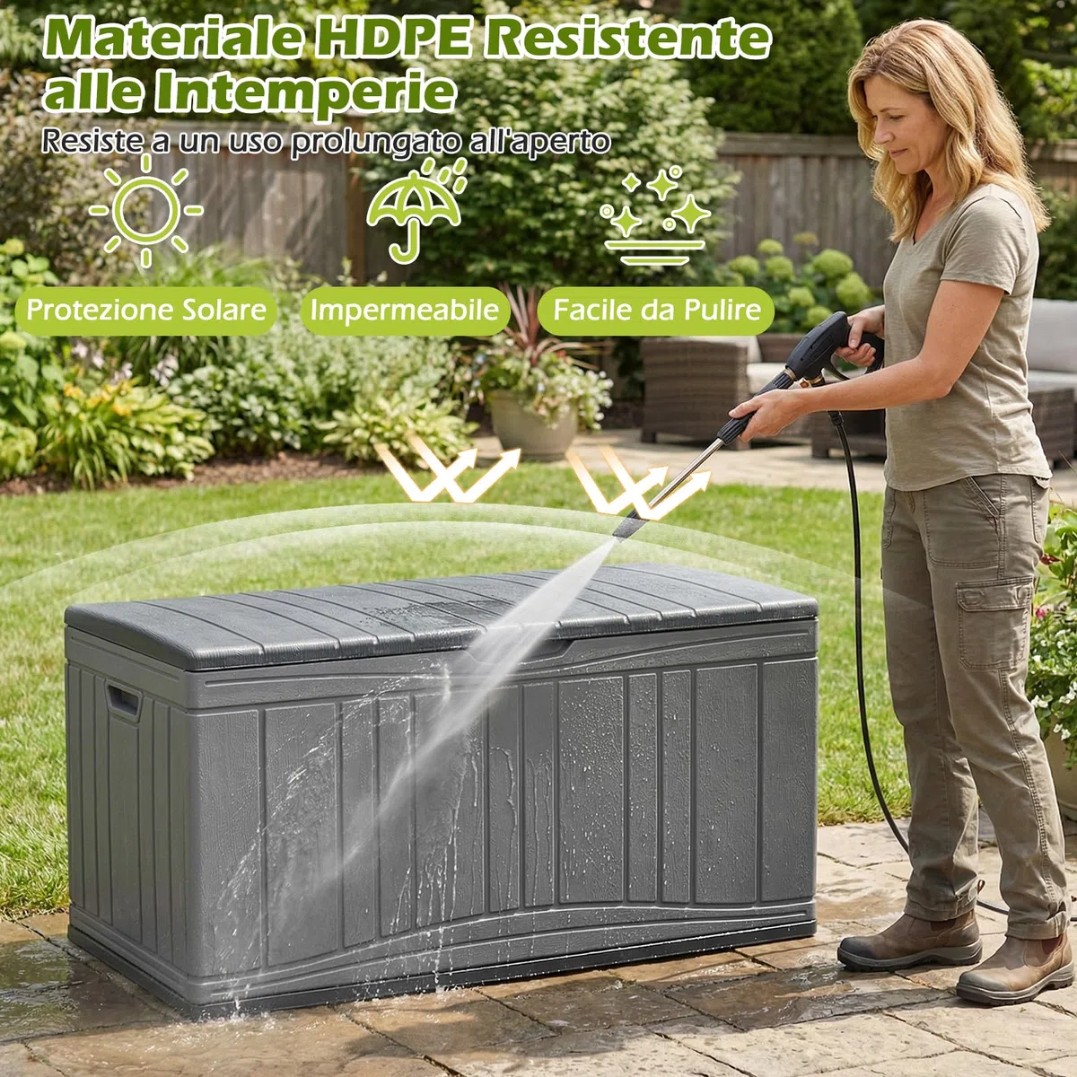 COSTWAY Baule da Esterno 300L Impermeabile in Resina, Cassapanca Contenitore da Esterno con Pistoni a Gas, Predisposizione per Serratura e 2 Maniglie Laterali, Resistente, 114 x 55 x 61 cm (Grigio)