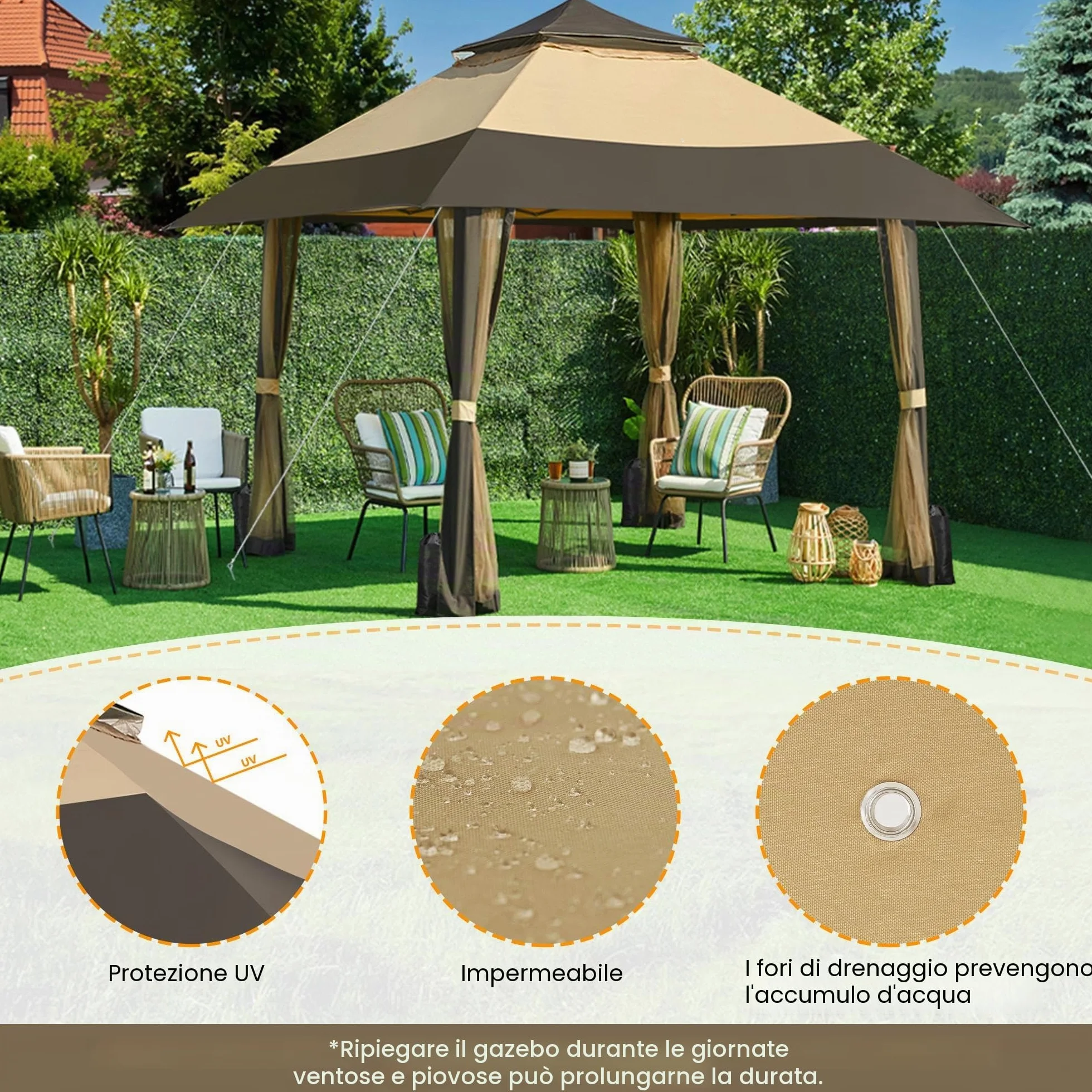 Yaheetech Gazebo da Giardino 4x4 m con Zanzariera Struttura in Metallo Doppio Tetto Kaki