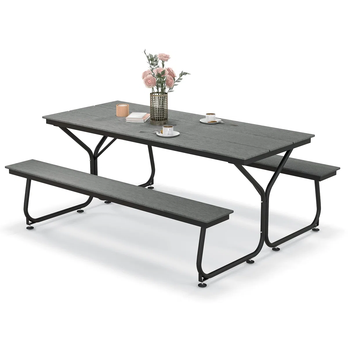 COSTWAY Tavolo da Pranzo 183 CM con 2 Panche per 8 Persone, Set da Picnic in Metallo e HDPE con Foro per Ombrellone, per Giardino Terrazzo (Grigio)