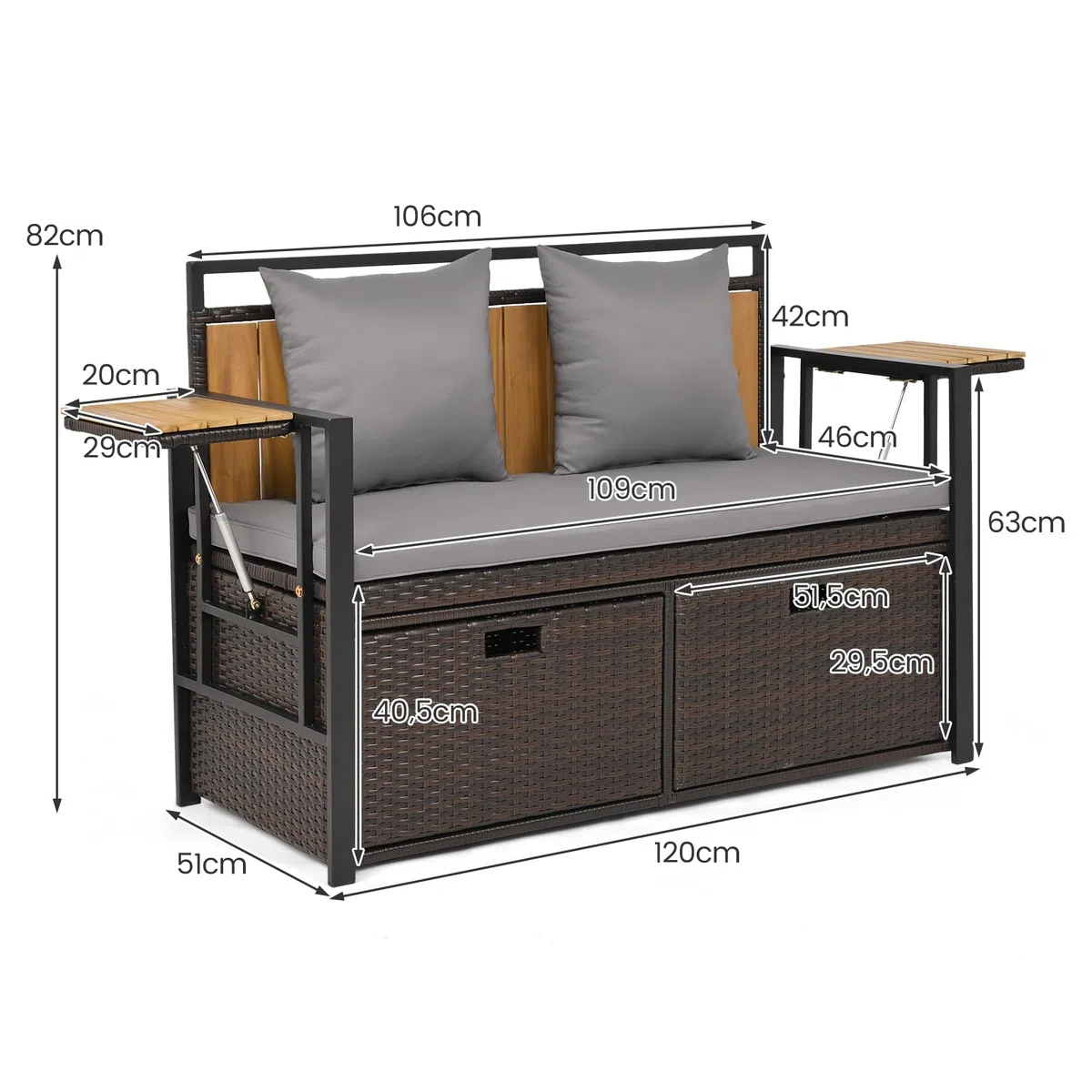 SOARS Divano da Giardino 2 Posti, Panchina da Esterno in Rattan PE con Contenitore, Cuscini Imbottiti e Tavolini Pieghevoli, Salotto da Giardino per Balcone e Terrazza, 120 x 51 x 82 cm (Grigio)