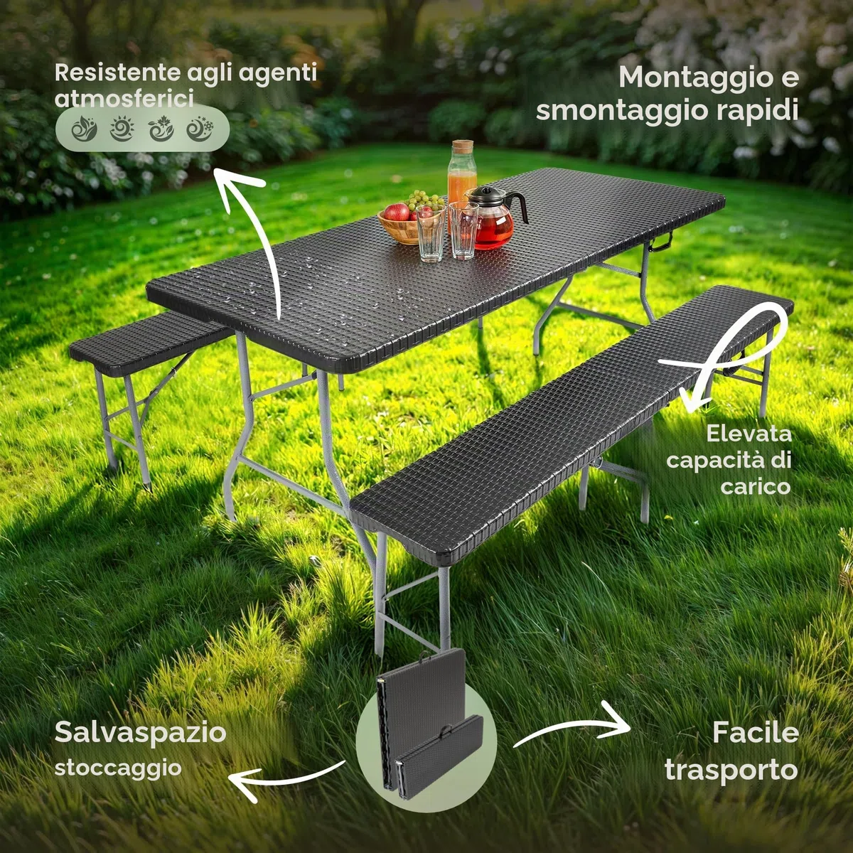 AREBOS Set tavolo pieghevole da campeggio con 2 panche | Set tavolo da giardino effetto rattan per 8 persone | Resistente UV e intemperie | Struttura in acciaio stabile | Facile da trasportare