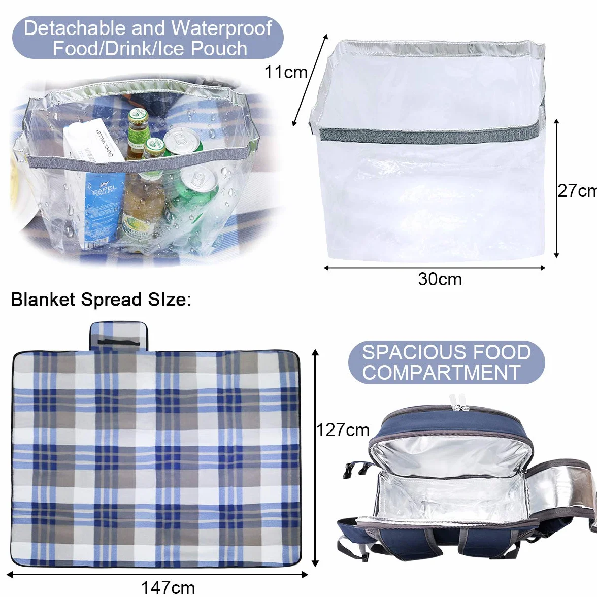 Sunflora Zaino da Picnic 4 Persone con Coperta, Borsa da Picnic con Custodia Cestino da Picnic per 4 Persone Impermeabile Isolata per il Camping Esterno della Famiglia (Blu Navy)