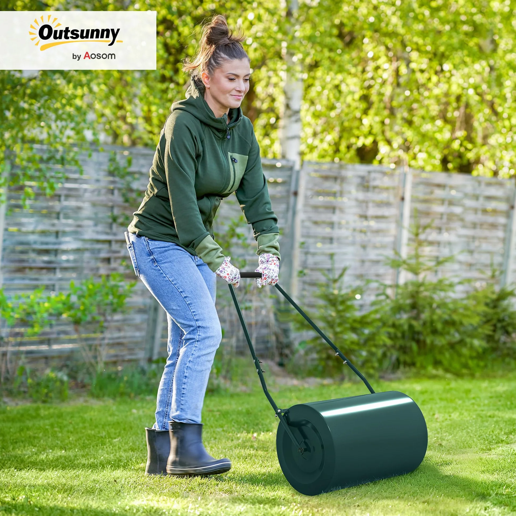 Outsunny Rullo per Prato da 30L di capacità con Maniglia Imbottita, Rullo Giardino in Acciaio Riempibile con Acqua/Sabbia, 102x50x30 cm, Verde Scuro