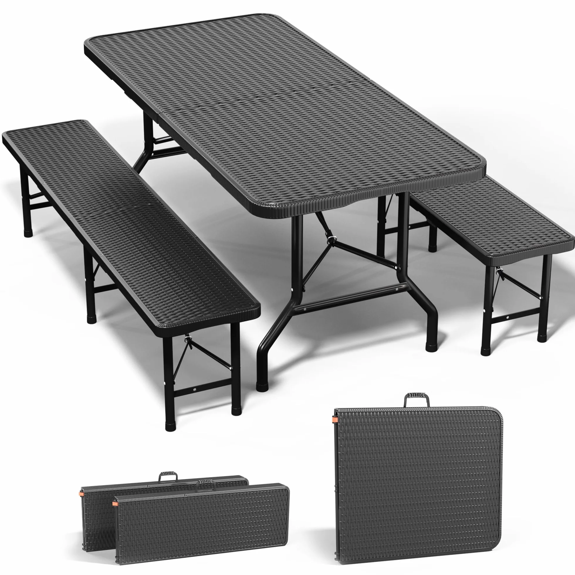 JUMMICO Set da Esterno 3 Pezzi Tavolo Giardino Pieghevole Effetto Rattan HDPE 300kg per Campeggio BBQ