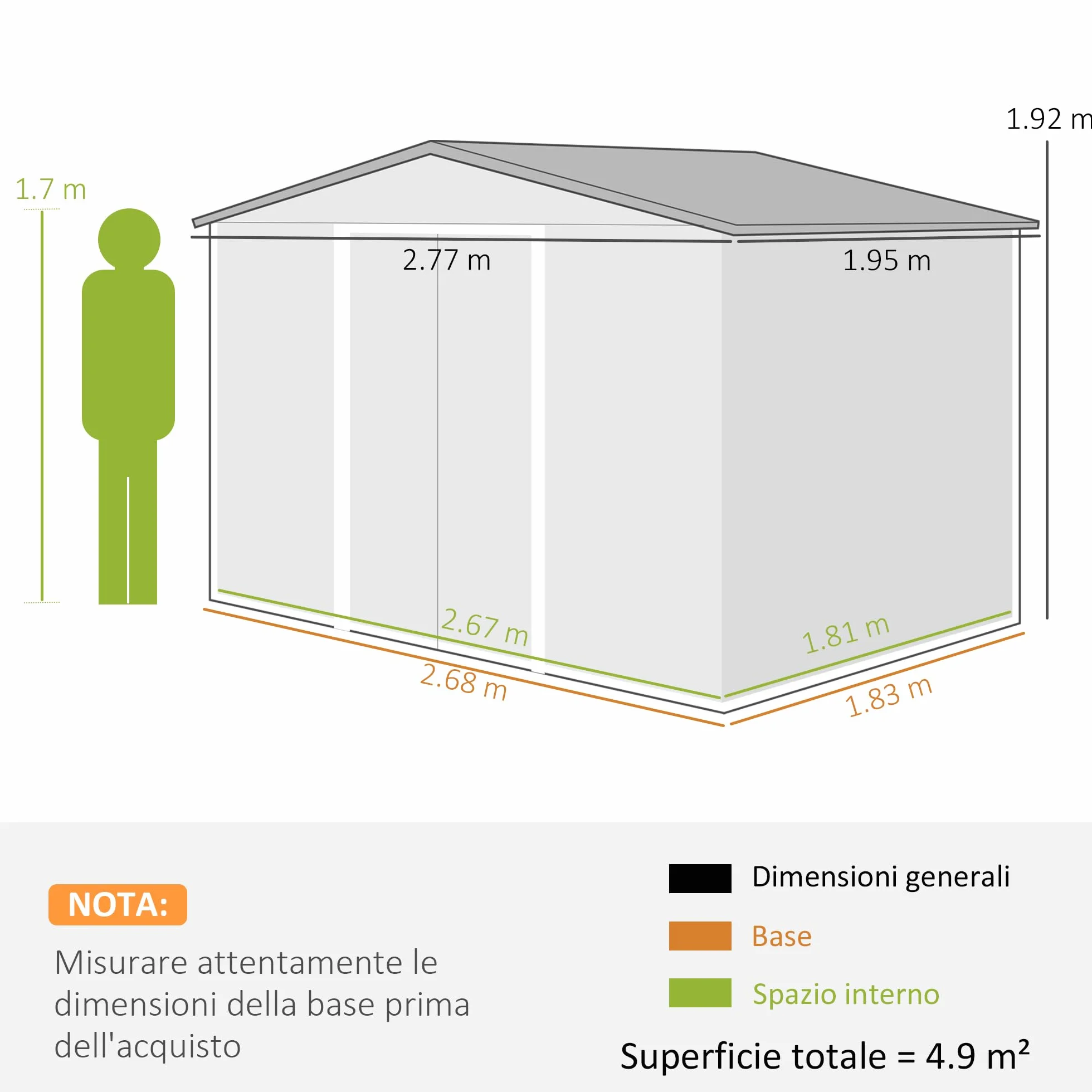 Outsunny Casetta da Giardino 4.9 m² Lamiera d'Acciaio 277x195x192 cm Verde Scuro