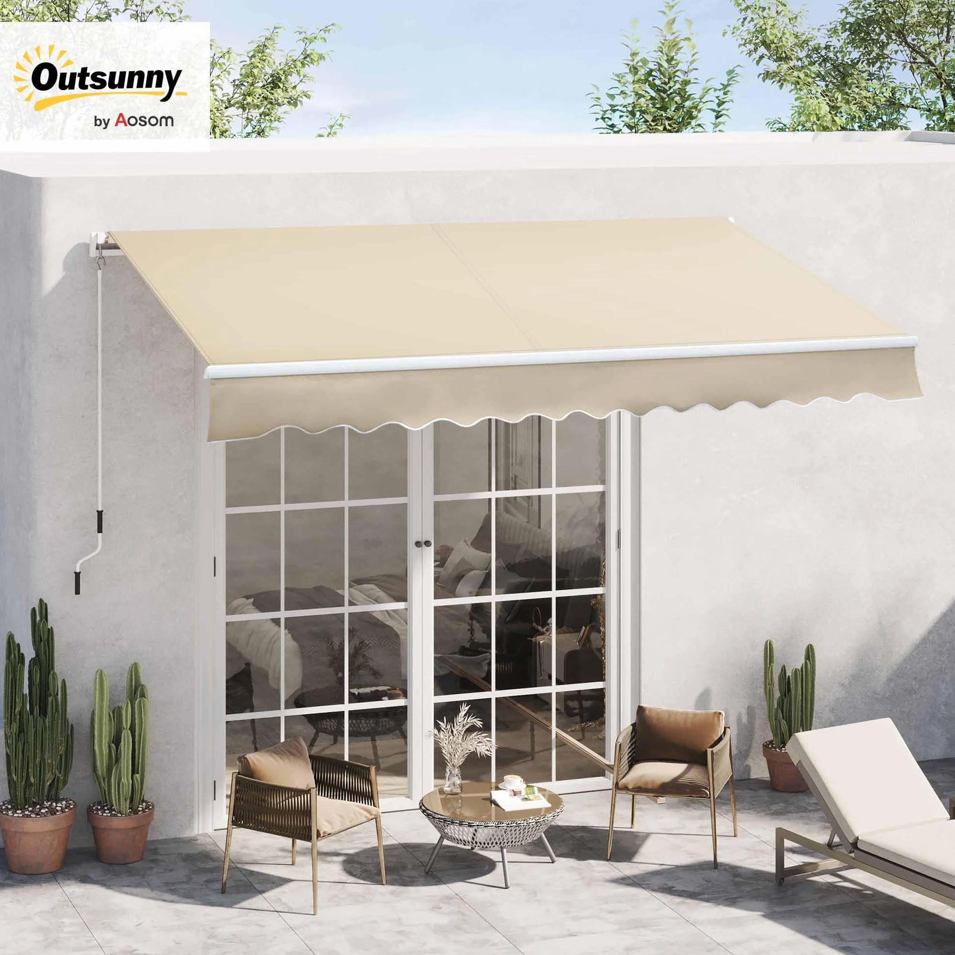 Outsunny Tenda da Sole 3.5x2.5 m Braccio Avvolgibile Manovella Alluminio Poliestere 280 g/㎡ UV30+ Crema