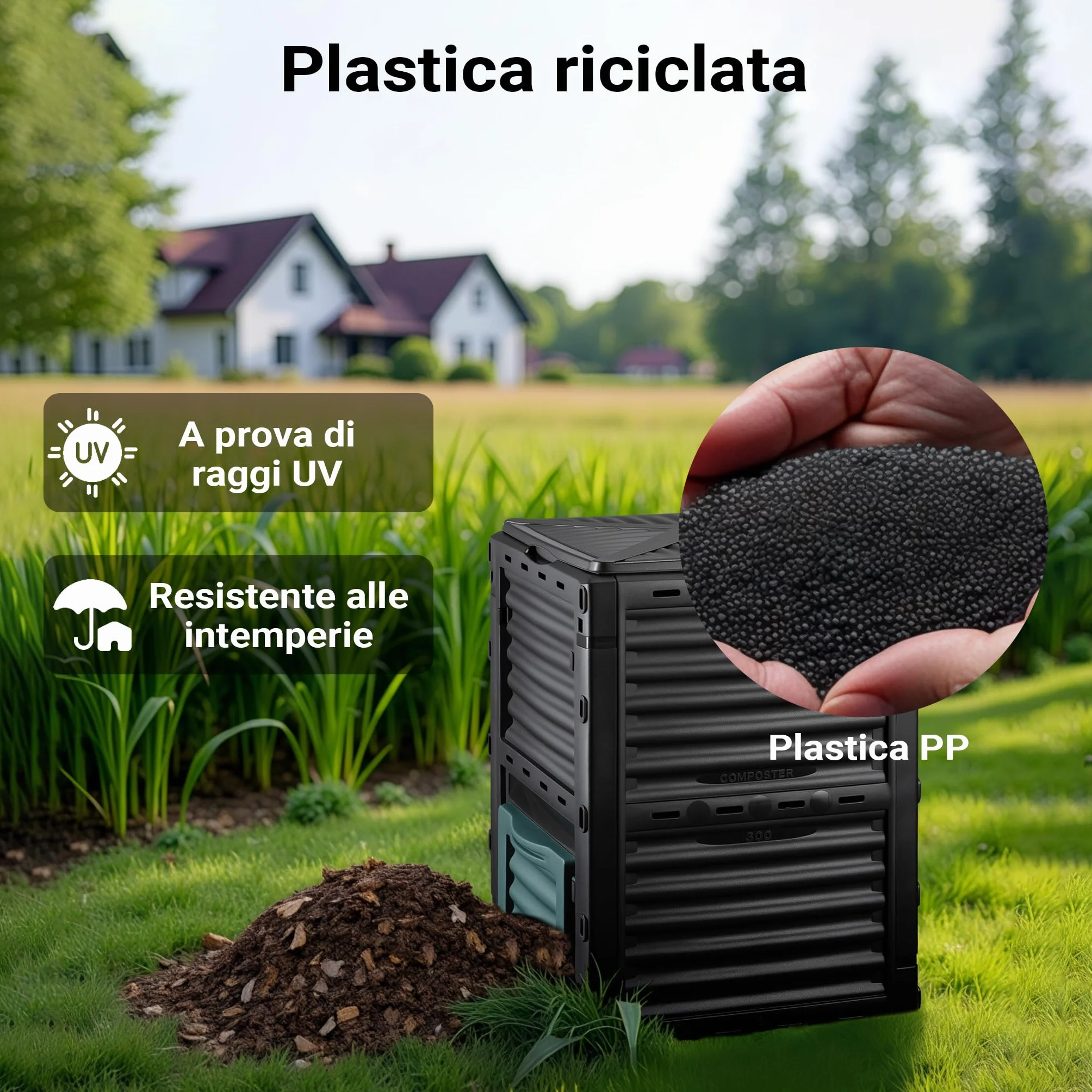 Wiltec Compostiera da 300 litri 61 x 61 x 82 cm, plastica giardino con coperchio e sportello