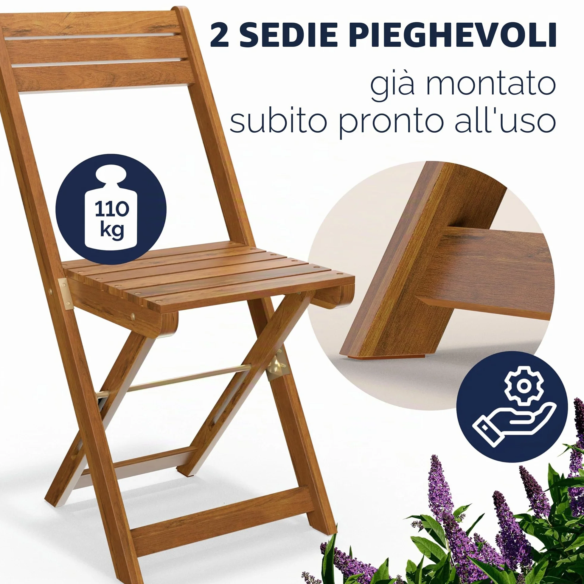 Casaria Set da Balcone Tavolo e 2 Sedie in Legno di Acacia Pieghevole 3 Pezzi