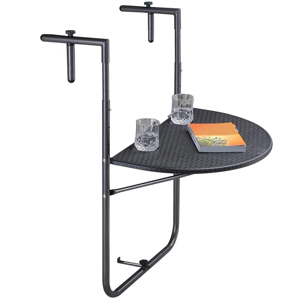 BAKAJI Tavolo Pieghevole da Ringhiera Esterno Balcone Altezza Regolabile Metallo Polyrattan Portabicchieri 60x64cm Nero