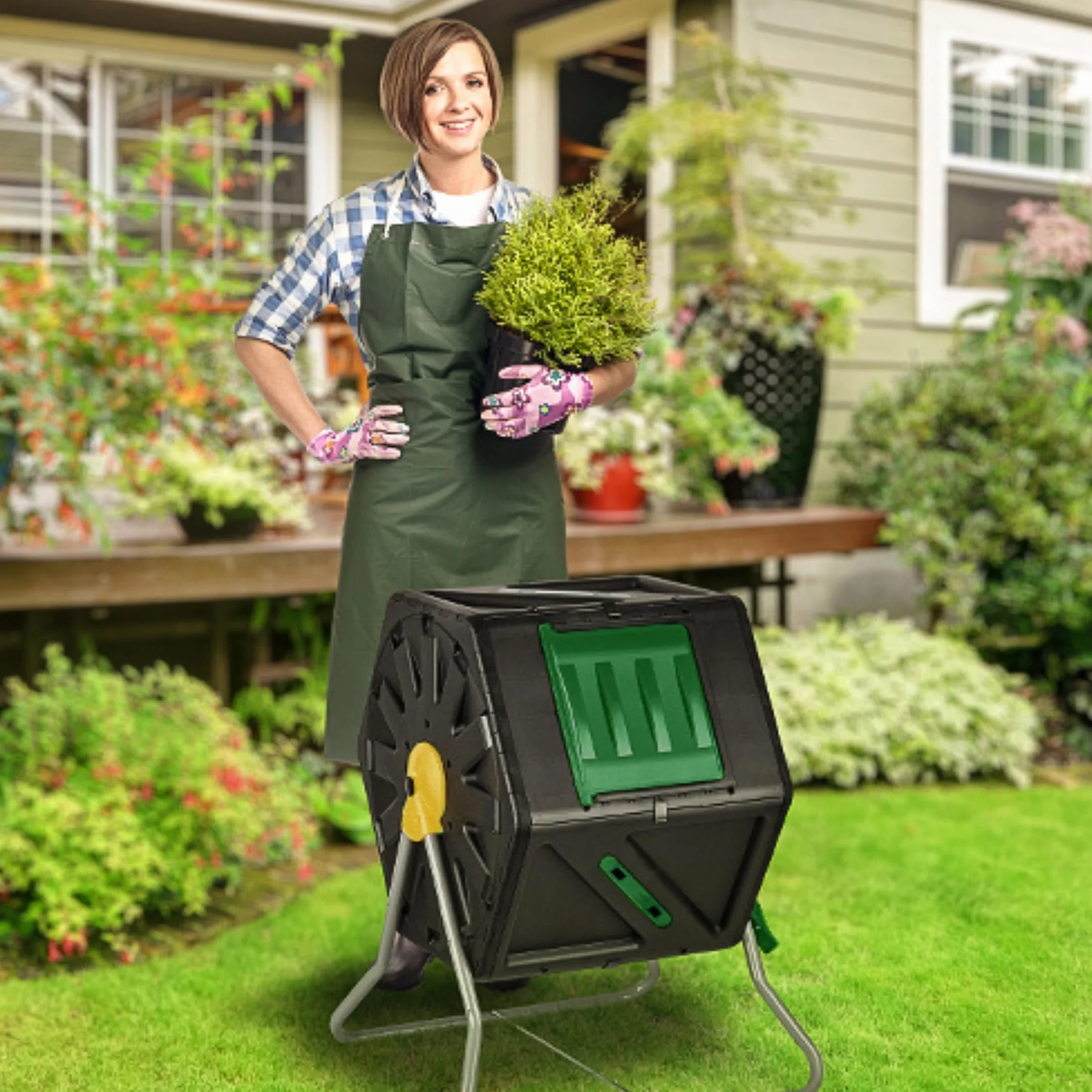 DF OMER, Contenitore Compostaggio Giardino a Camera Singola, Grande Volume, Design Compatto, Capacità 105 l, Compostiera Girevole Robusta per Tutte le Stagioni
