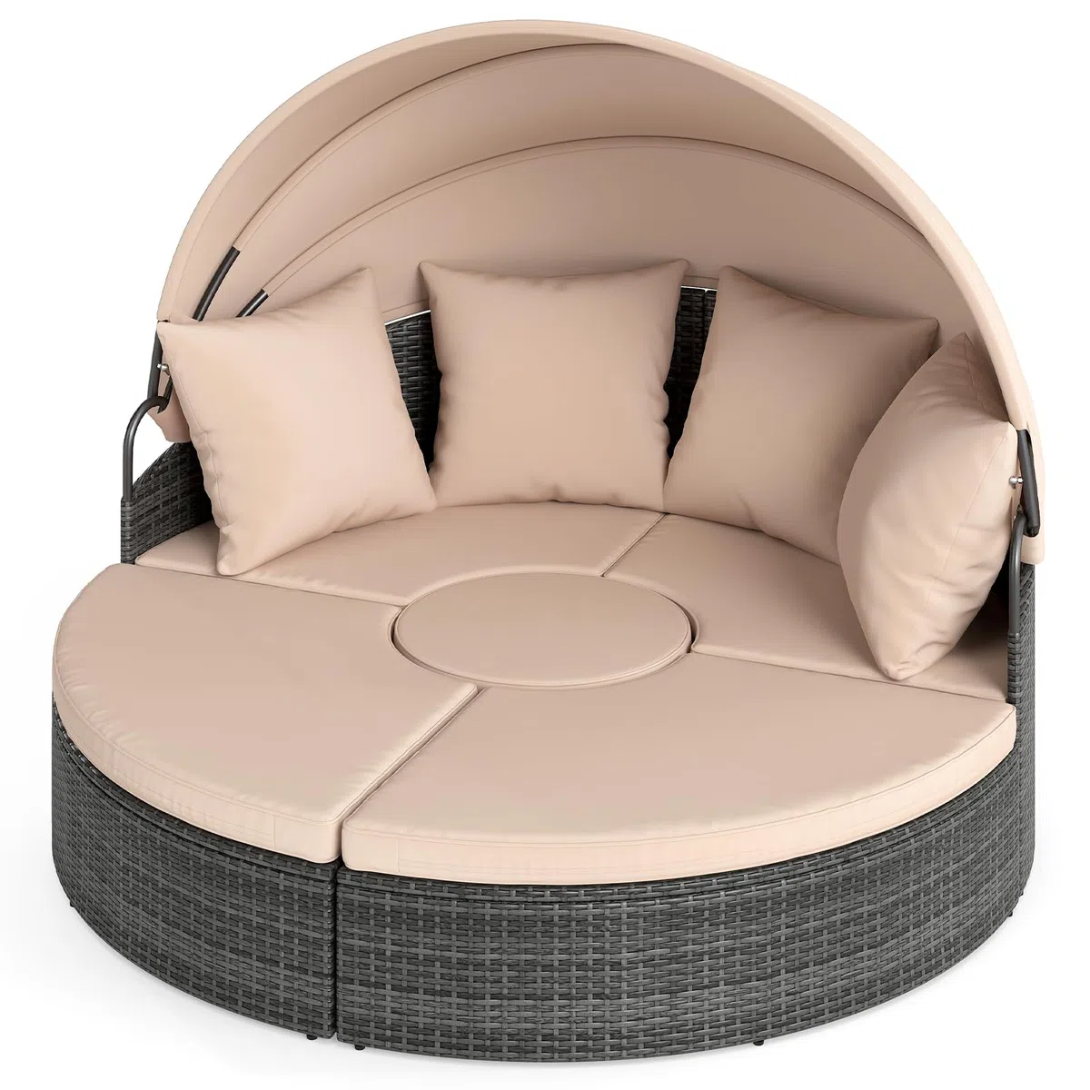 LIFEZEAL Isola Prendisole, Rattan Intrecciato a Mano, Componibile, Letto con Tettuccio Parasole Regolabile da Giardino Esterno, Salttto con Divani, Tavolino, Cuscini, Balcone, Mare, Piscina (beige)