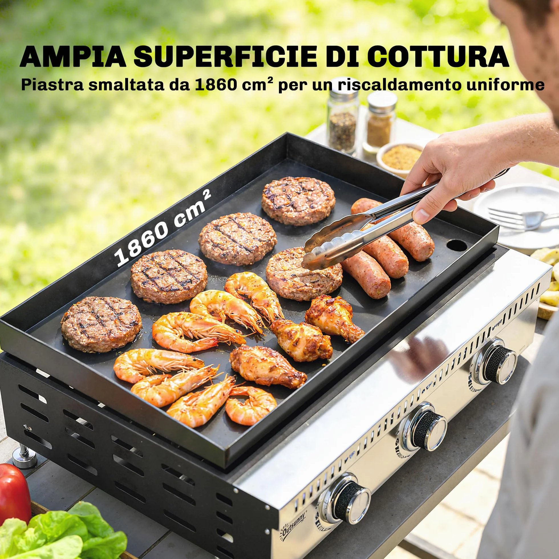Outsunny Barbecue a Gas Portatile 3 Bruciatori 9 KW Acciaio Inox, Griglia BBQ da Tavolo con Vaschetta Raccogli Grasso, Regolatore, Nero