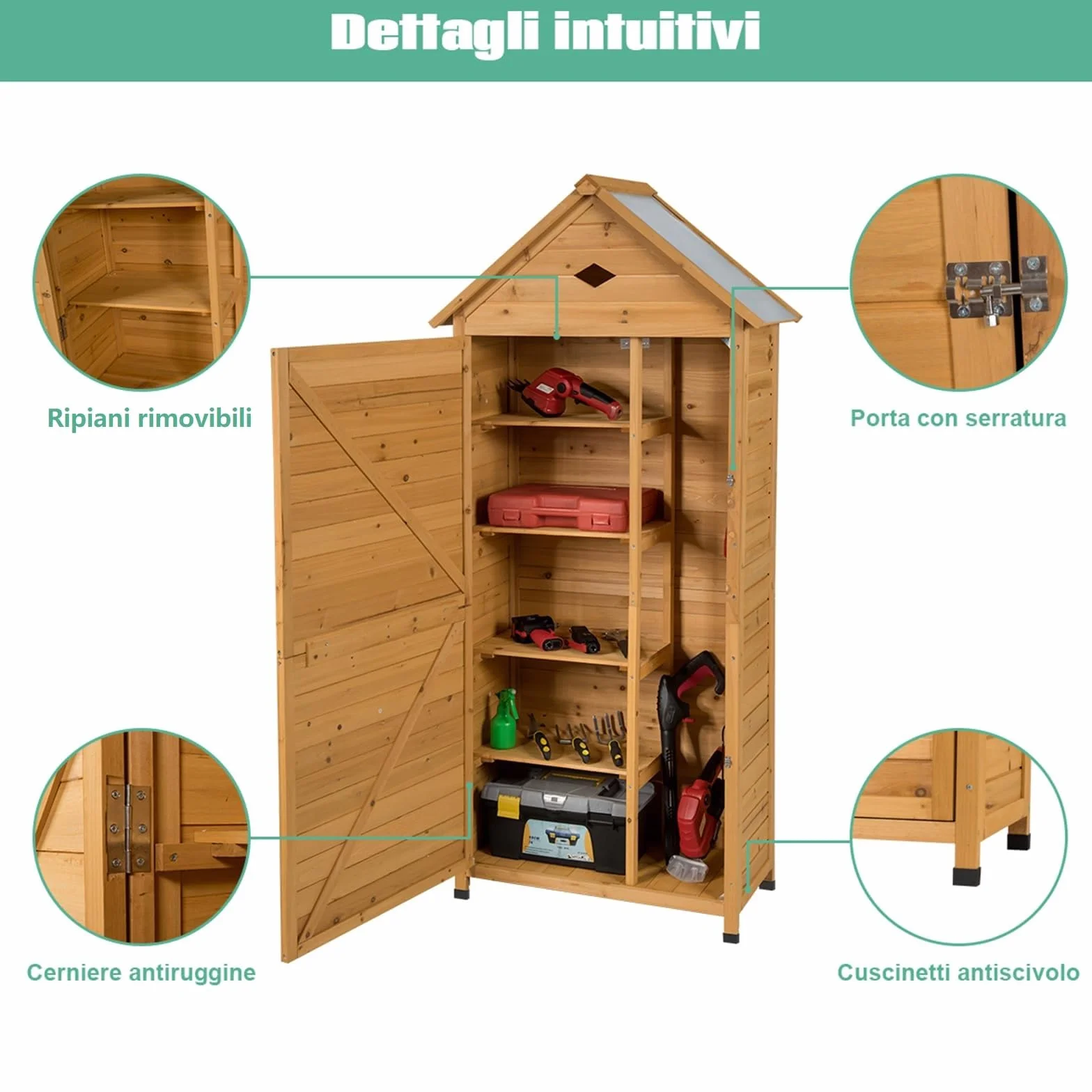COSTWAY Armadio da Esterno, Casetta da Giardino in Legno con Tetto Galvanizzato Impermeabile, Mensole e Chiusura a Chiave, Ripostiglio da Balcone, Cortile e Giardino (80 x 45 x 177 cm)