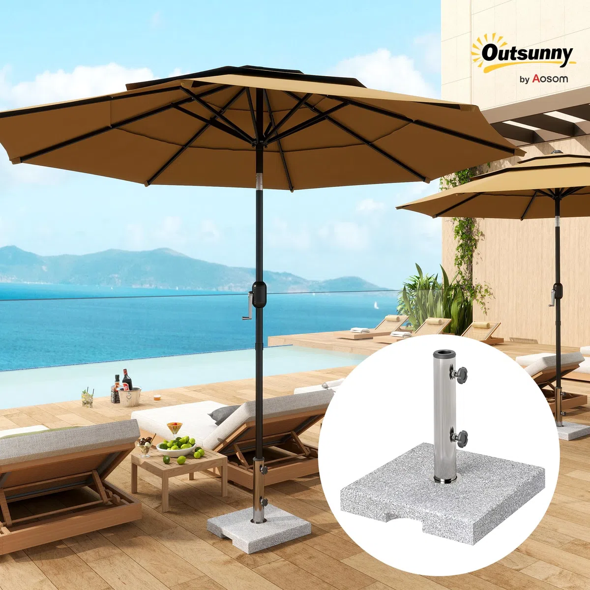 Outsunny Base per Ombrellone in Granito da 21 kg, Base Quadrata per Ombrelloni da Esterno con Maniglie e 2 Manopole Regolabili, Ideale per Giardino, Patio, Bordo Piscina, Grigio