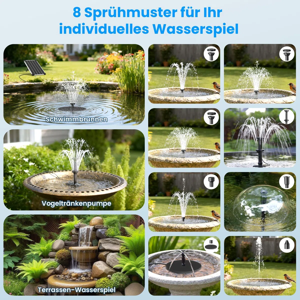 Biling Fontana solare da 12 W, per esterni, con batteria da 5000 mAh, silenziosa 300 l/h, pompa per laghetto solare con 8 ugelli con tubo, fontana solare per esterni, piccoli laghetti da giardino fino