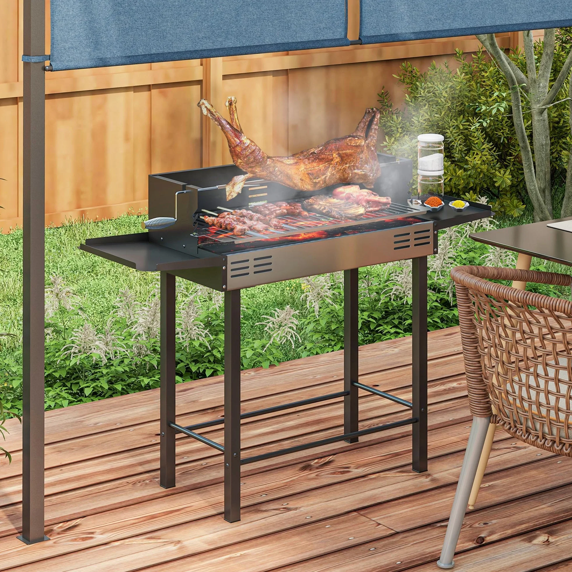 Outsunny Barbecue a Carbone 3 Livelli in Acciaio Inox con Mensole Pieghevoli e Girarrosto, 118x32x90 cm, Nero