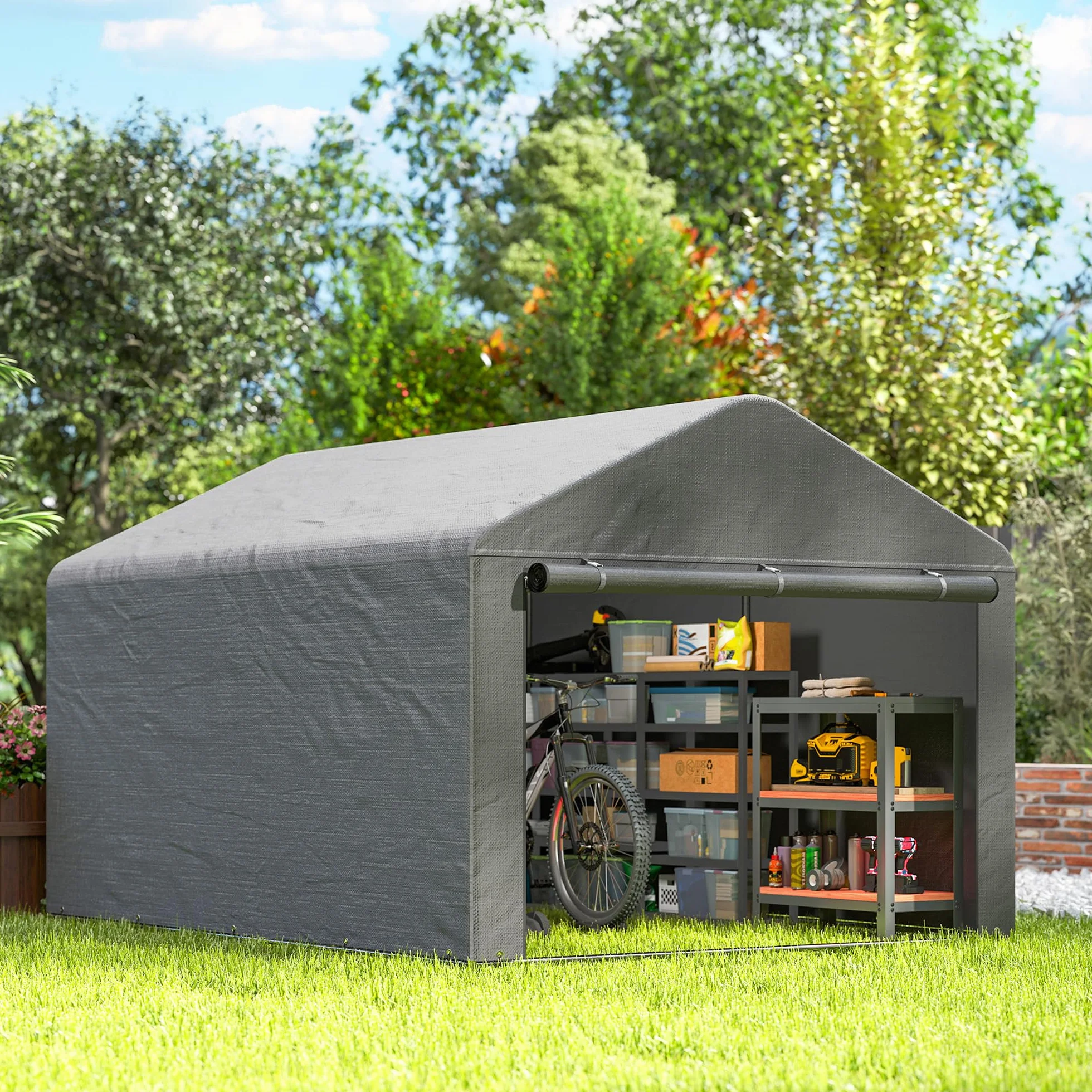 Outsunny 2x2.4 m Garage Moto per Esterno, Tenda Garage con Copertura Impermeabile, Porta Avvolgibile a Cerniera, per Biciclette e Attrezzi in Acciaio Zincato, da Giardino, Grigio Chiaro