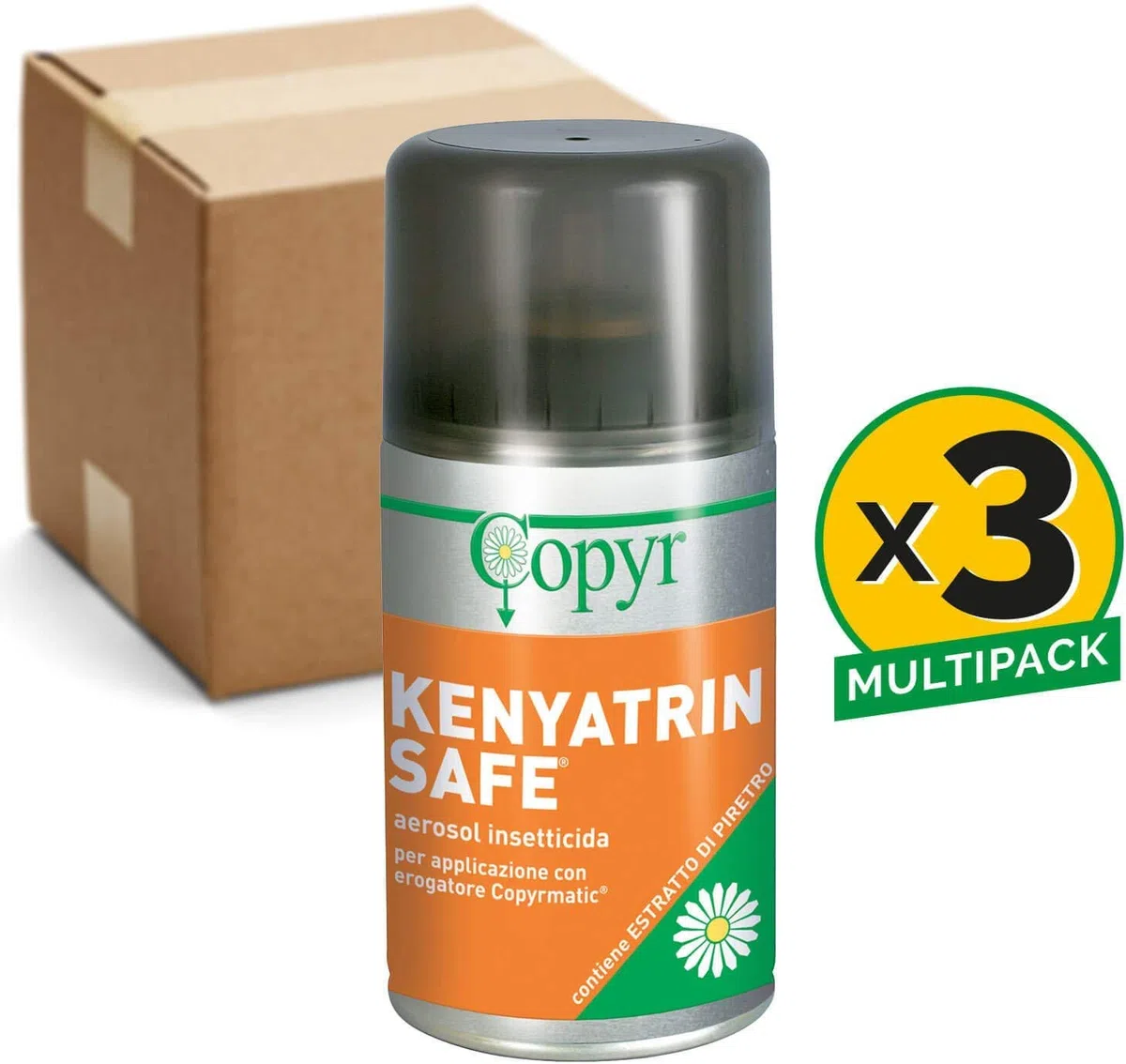 Copyr Kenyatrin Safe e Copyrmatic Combi - Insetticida Antizanzare, Mosche e Insetti Volanti, 3 Bombole 250ml + Erogatore Automatico, Piretro Insetticida Biologico e Repellente Zanzare Casa e Giardino