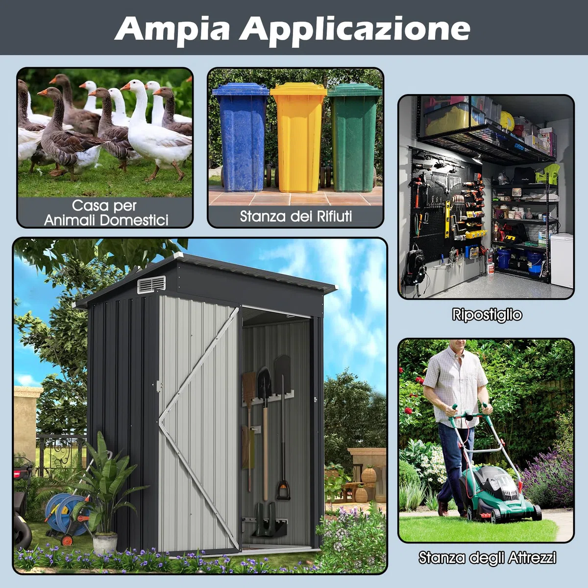 RELAX4LIFE Casetta da Giardino per Attrezzi,150x88x185 cm in Lamiera d'Acciaio e e Lamiera Zincata con Doppie Porte, Tetto Inclinato, per Porta Attrezzi, Tosaerba, 2 Paia di Guanti (GRIGIO 2)