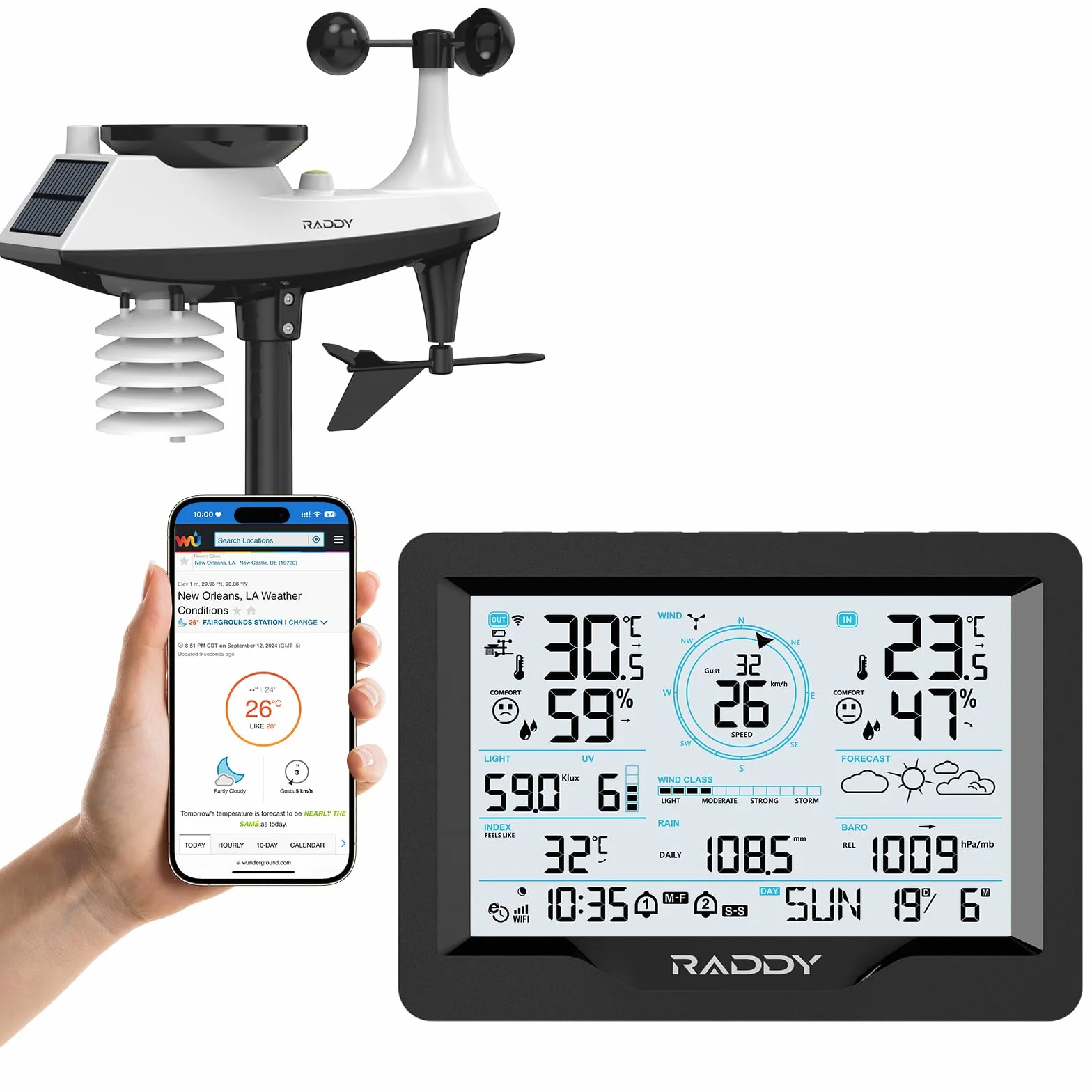Raddy MN6 Stazione Meteo WiFi, Stazione Meteorologica Wireless 15 in 1 per Interno ed Esterno, Monitor Temperatura e Umidità con Pressione Atmosferica, Pluviometro, Vento, UV, Previsioni Meteo