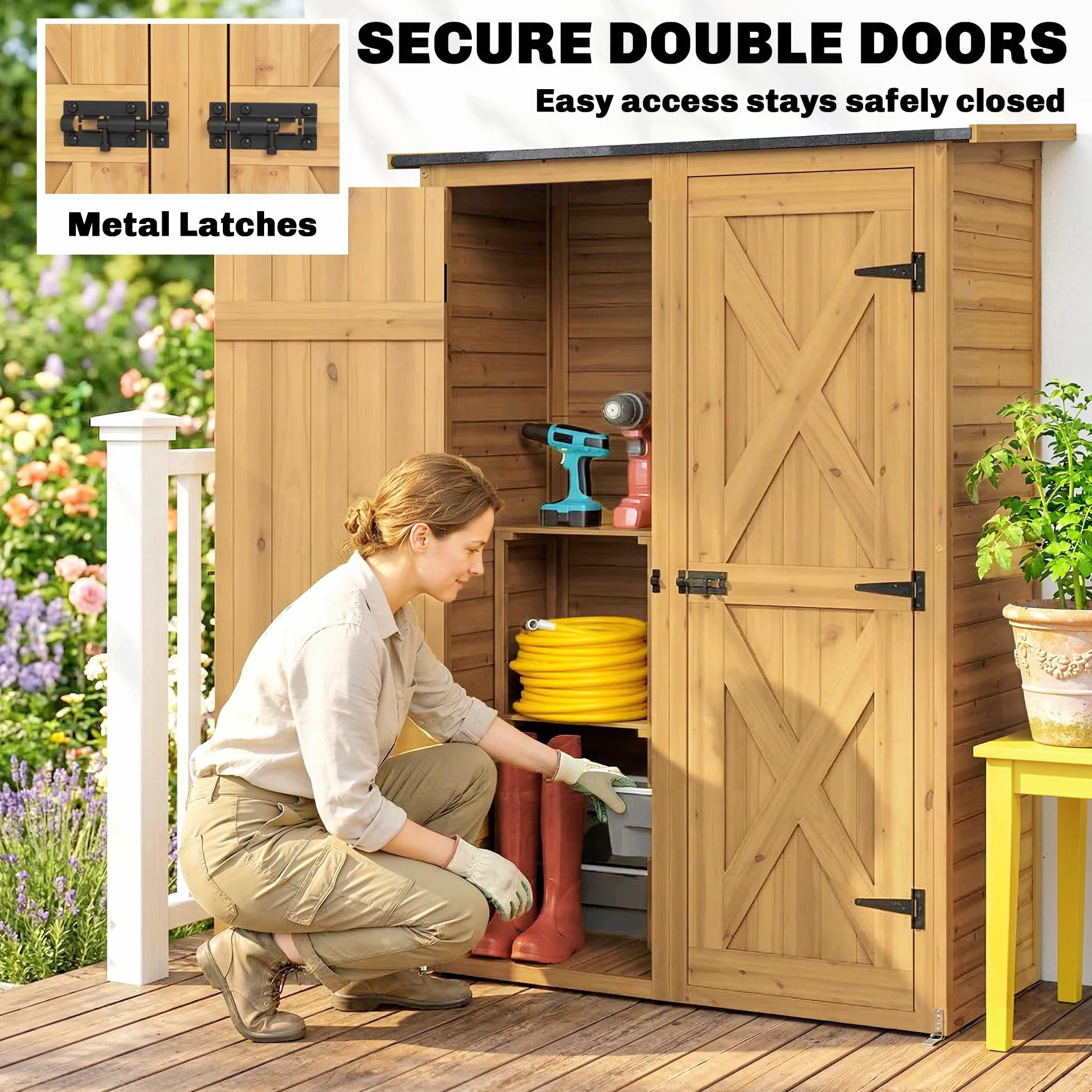 Outsunny Armadio da Giardino Legno Abete Casetta Attrezzi 2 Ripiani Doppia Porta Chiavistelli Tetto Inclinato 115x53x156 cm Marrone