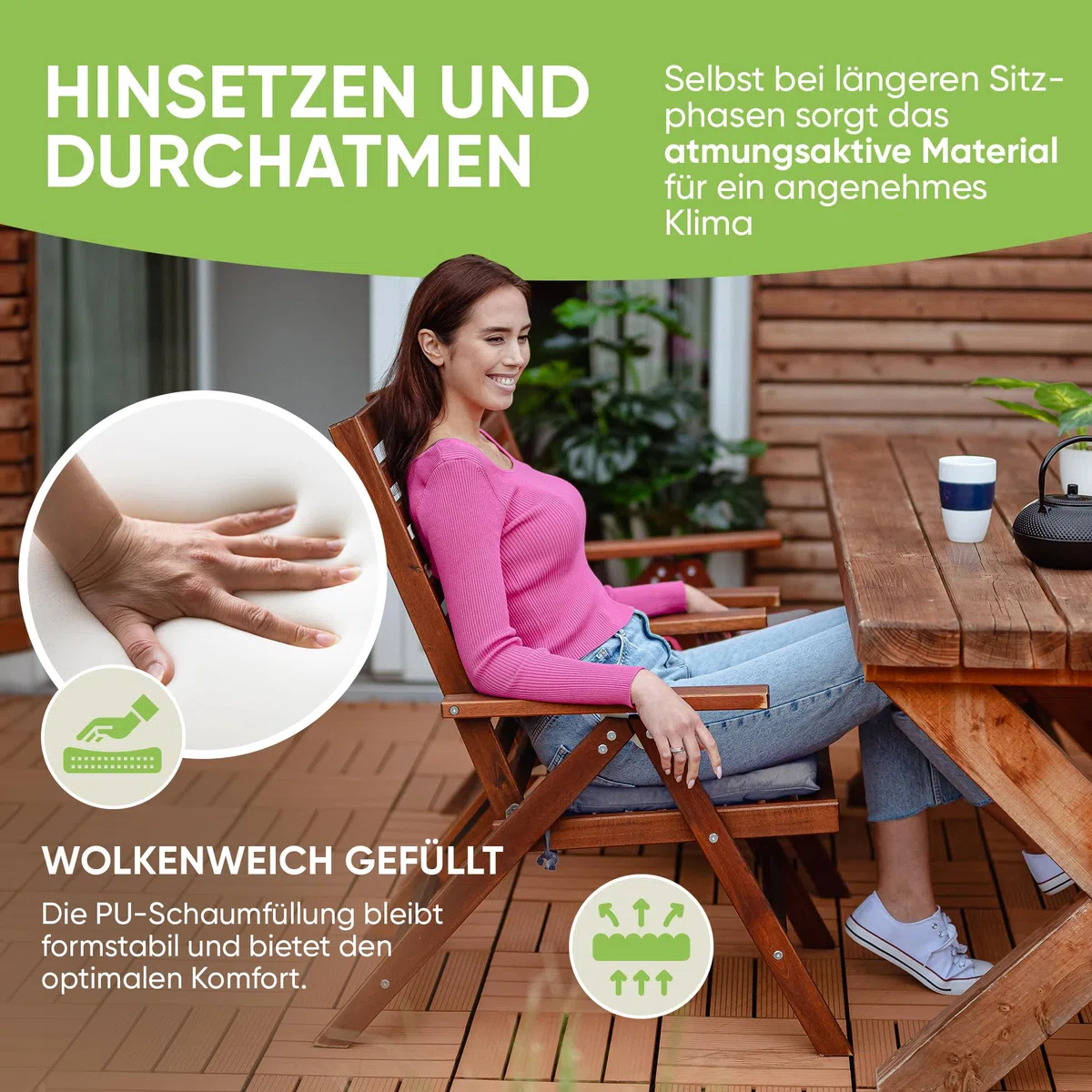 Gräfenstayn® zestaw 4 poduszek siedzisk 40x40x3 cm pasy mocujące Oeko-Tex Antracyt